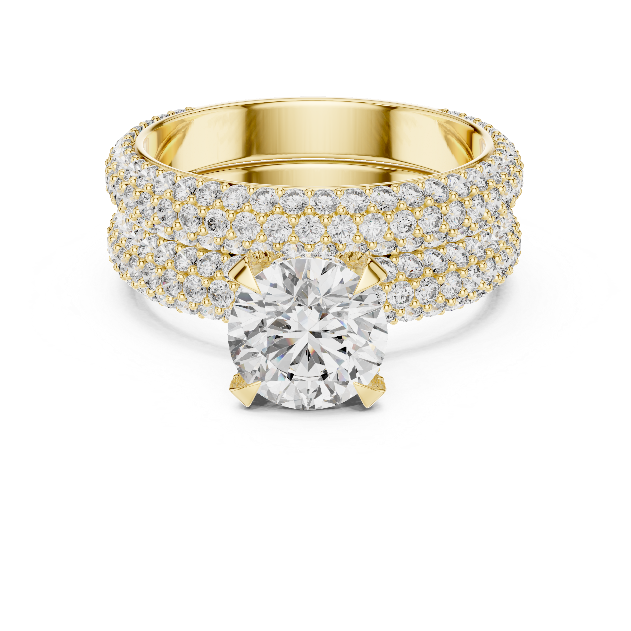 Triple Row Pavé Round Diamond Bridal Ring Set