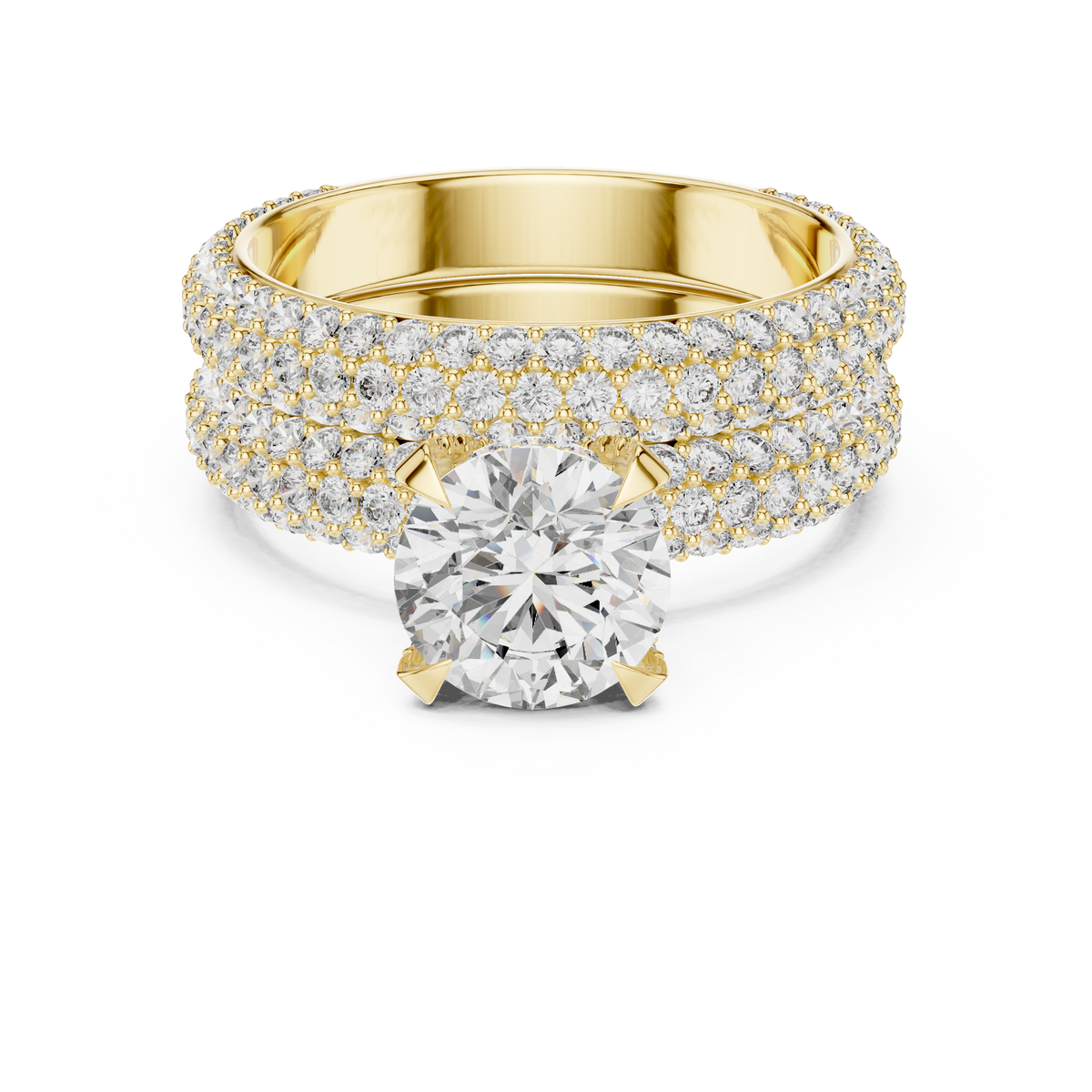 Triple Row Pavé Round Diamond Bridal Ring Set