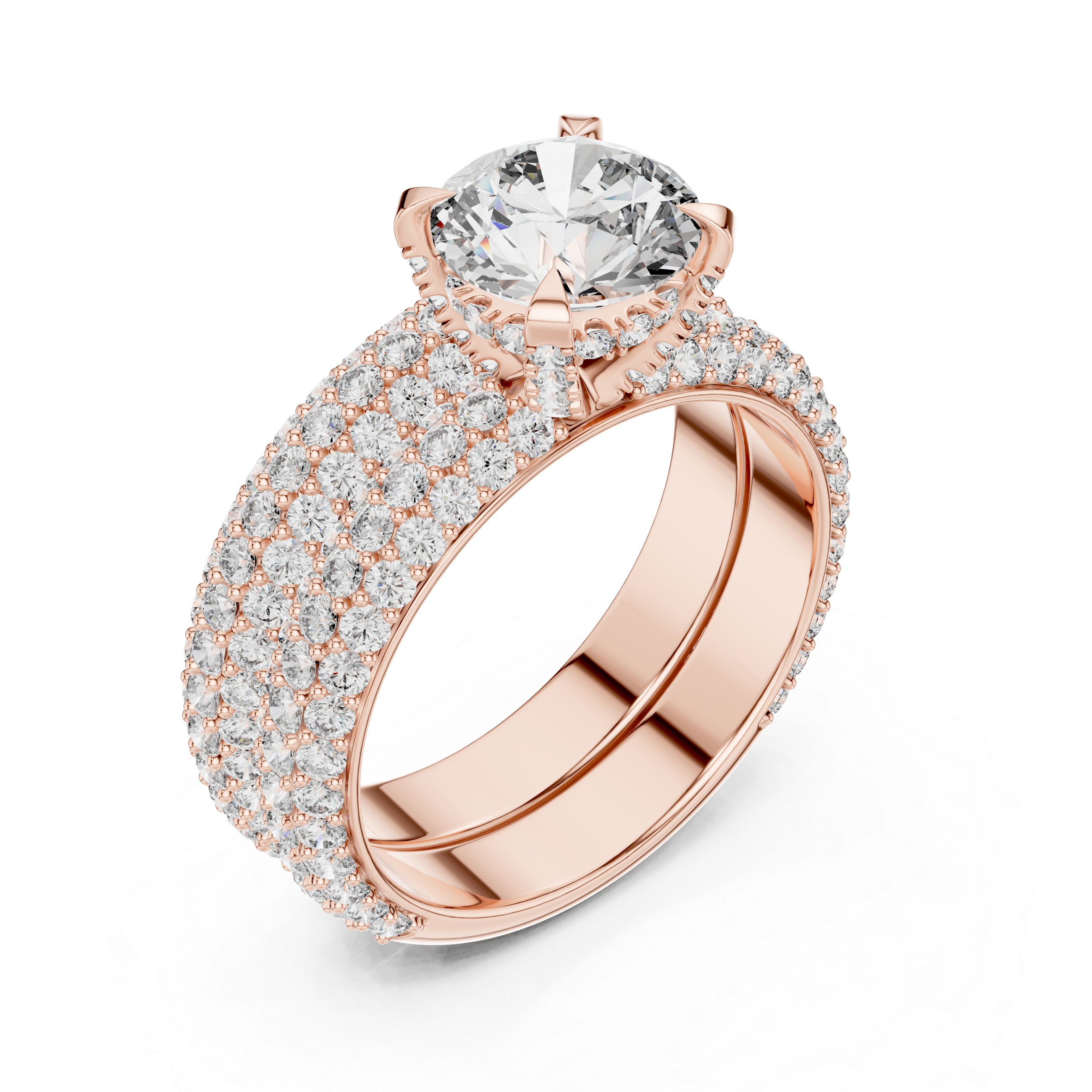 Triple Row Pavé Round Diamond Bridal Ring Set