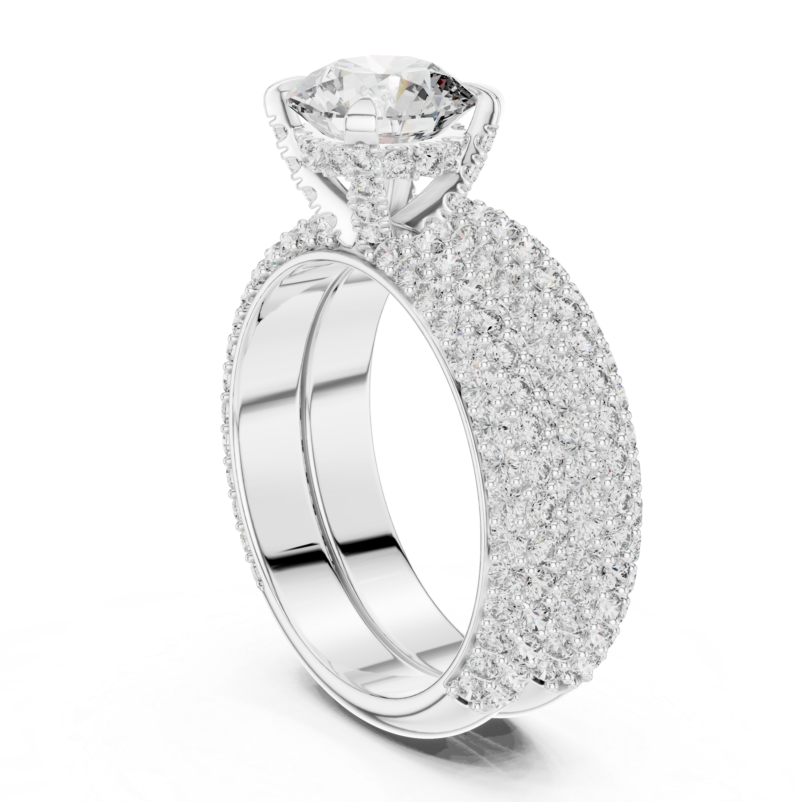 Triple Row Pavé Round Diamond Bridal Ring Set