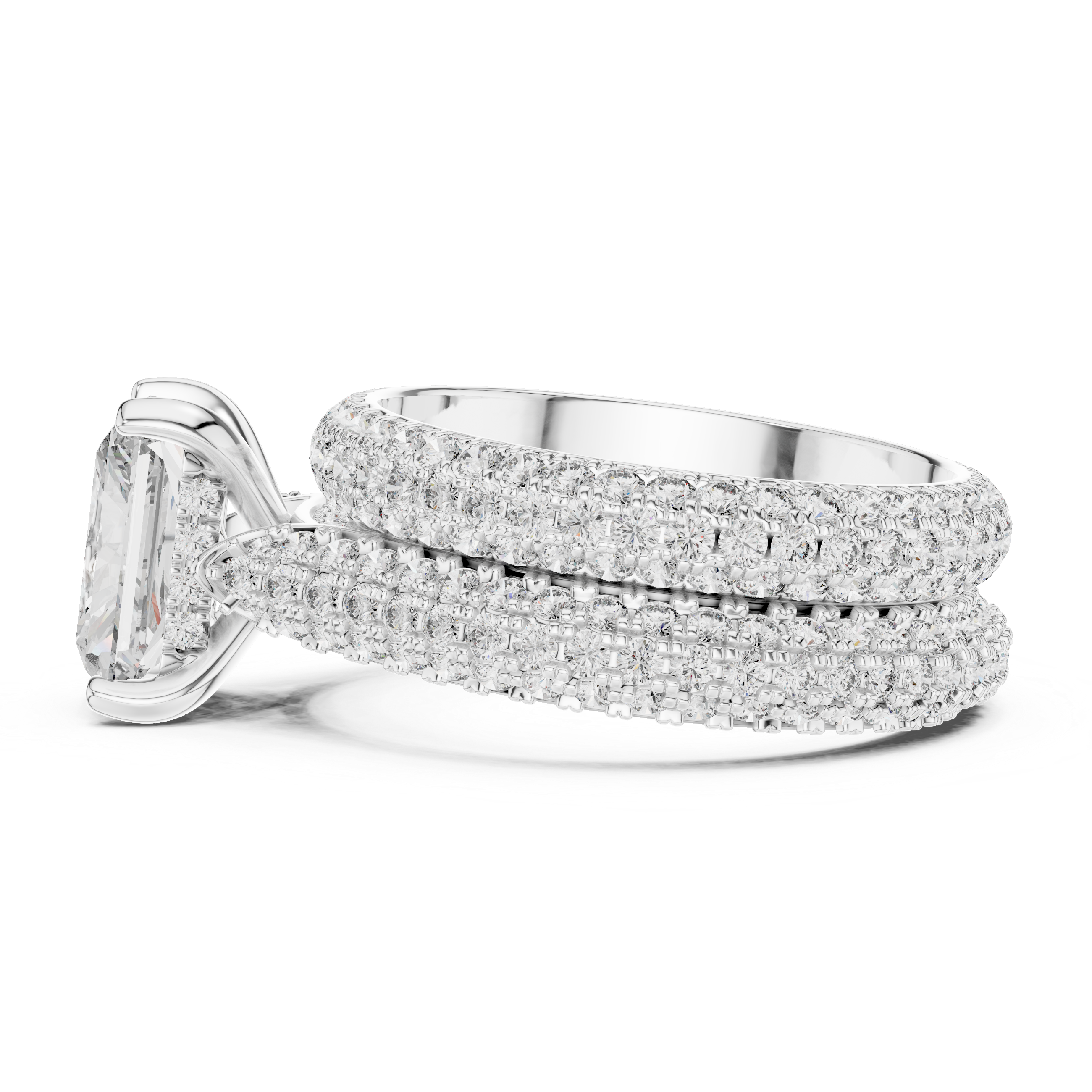 Radiant Cut Diamond with Matching Three Row Band Bridal Set Ring