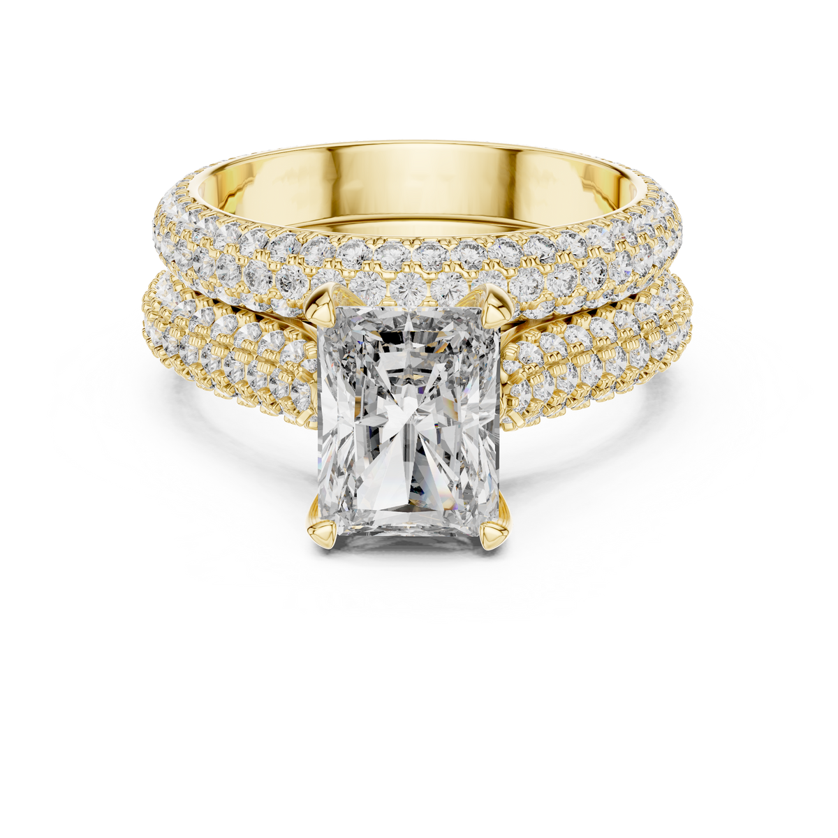 Radiant Cut Diamond with Matching Three Row Band Bridal Set Ring