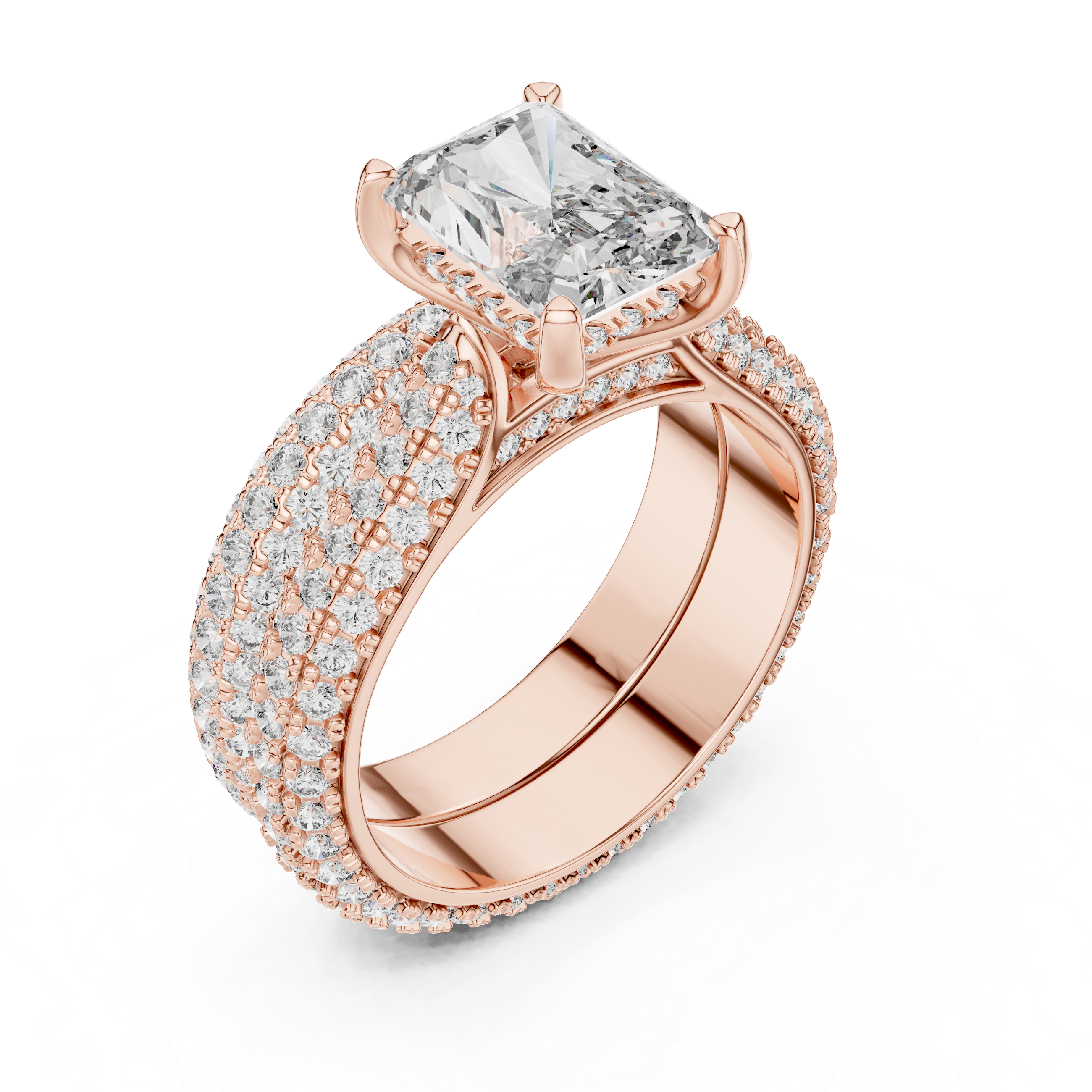 Radiant Cut Diamond with Matching Three Row Band Bridal Set Ring