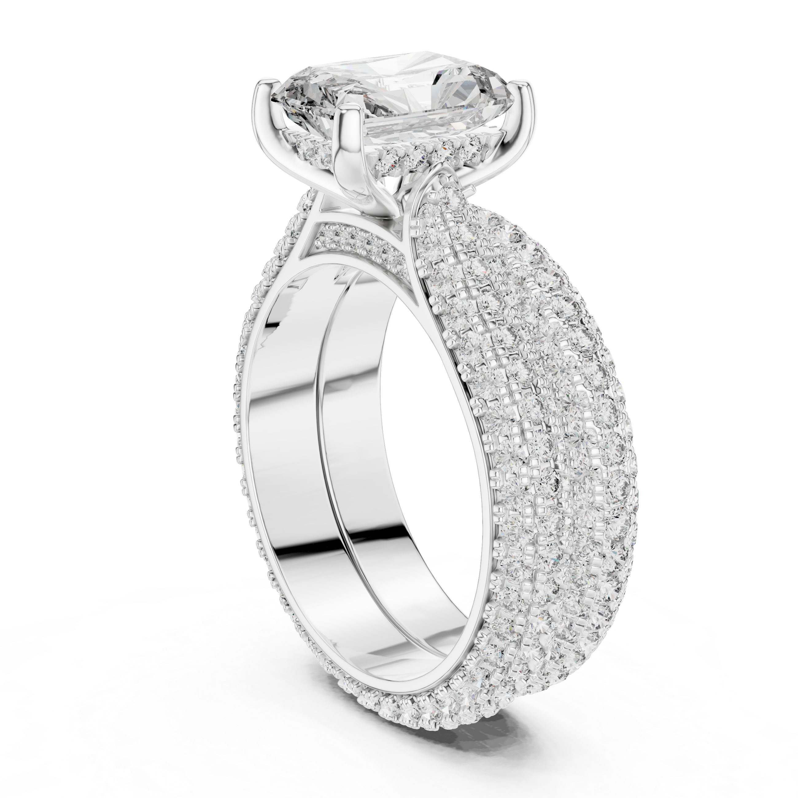 Radiant Cut Diamond with Matching Three Row Band Bridal Set Ring