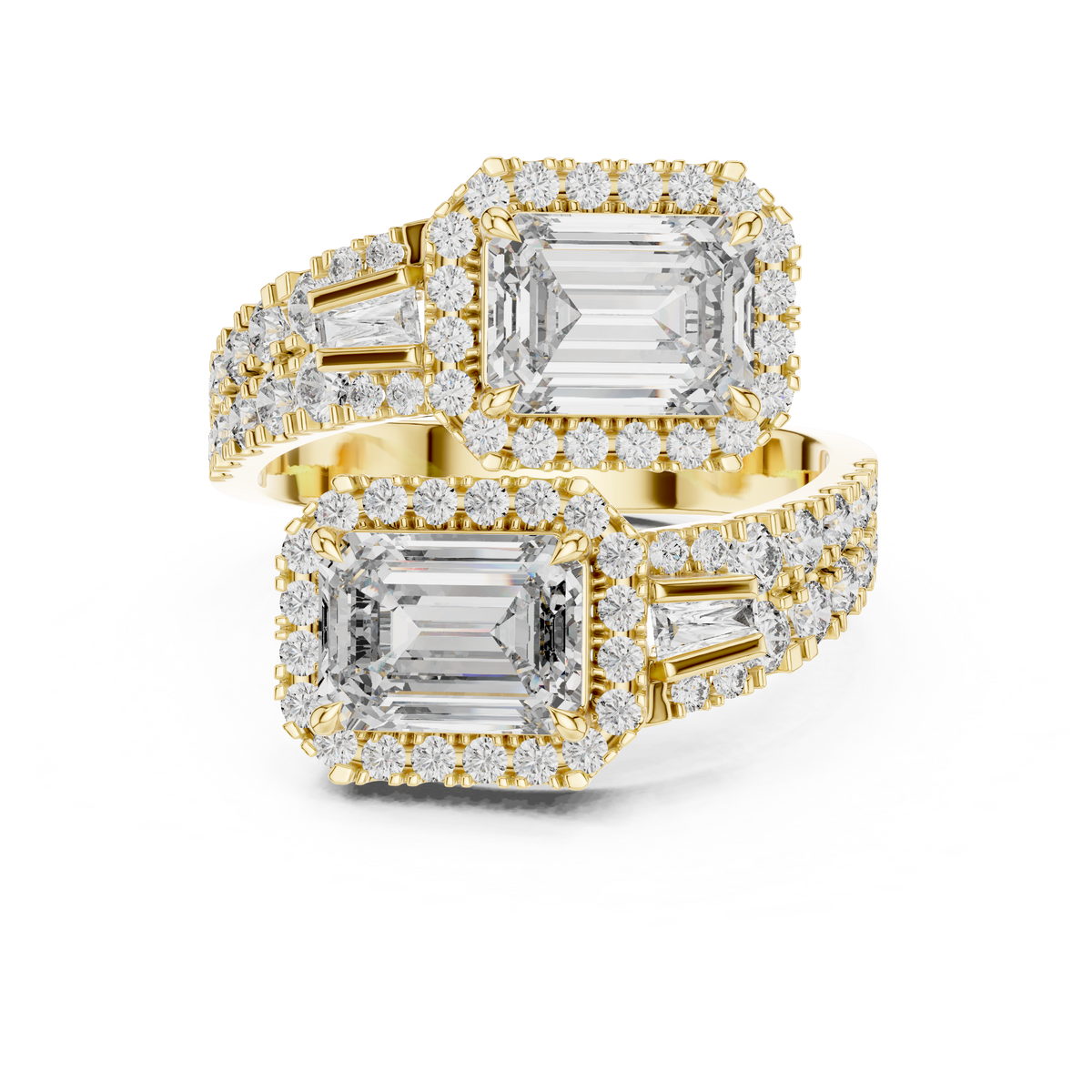 Emerald Cut Toi et Moi Bypass Ring With Baguette Accents