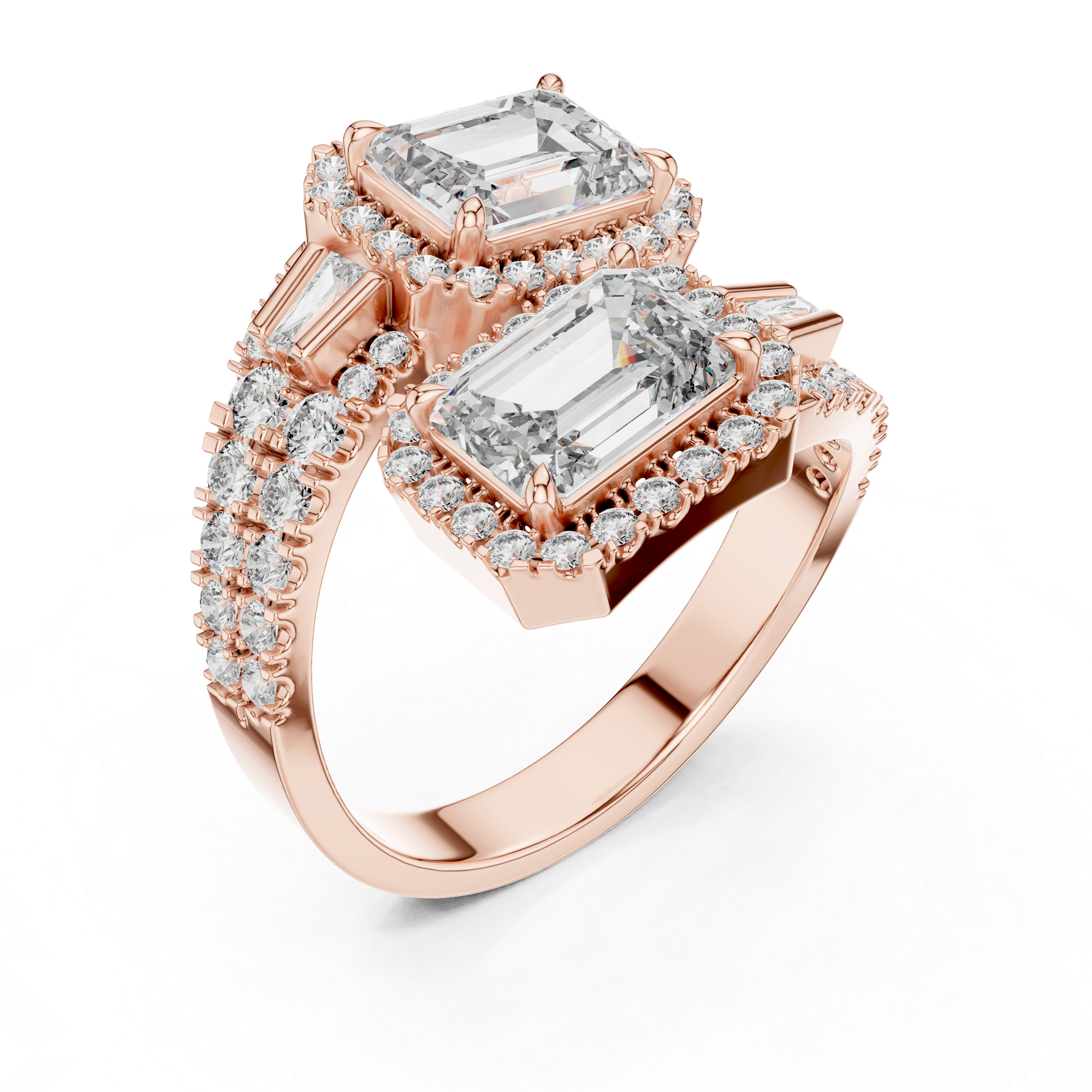 Emerald Cut Toi et Moi Bypass Ring With Baguette Accents