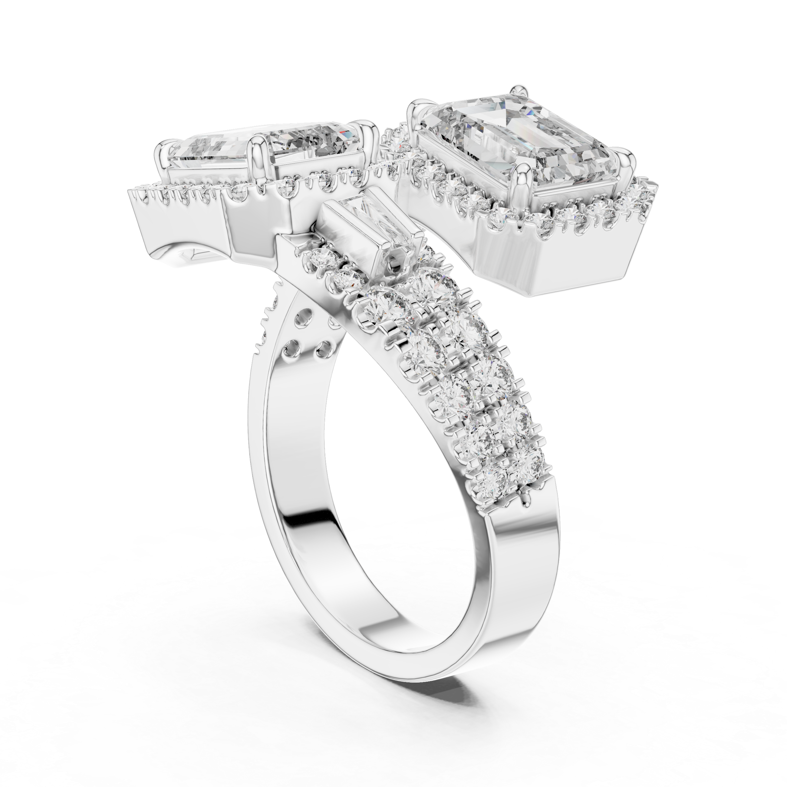 Emerald Cut Toi et Moi Bypass Ring With Baguette Accents