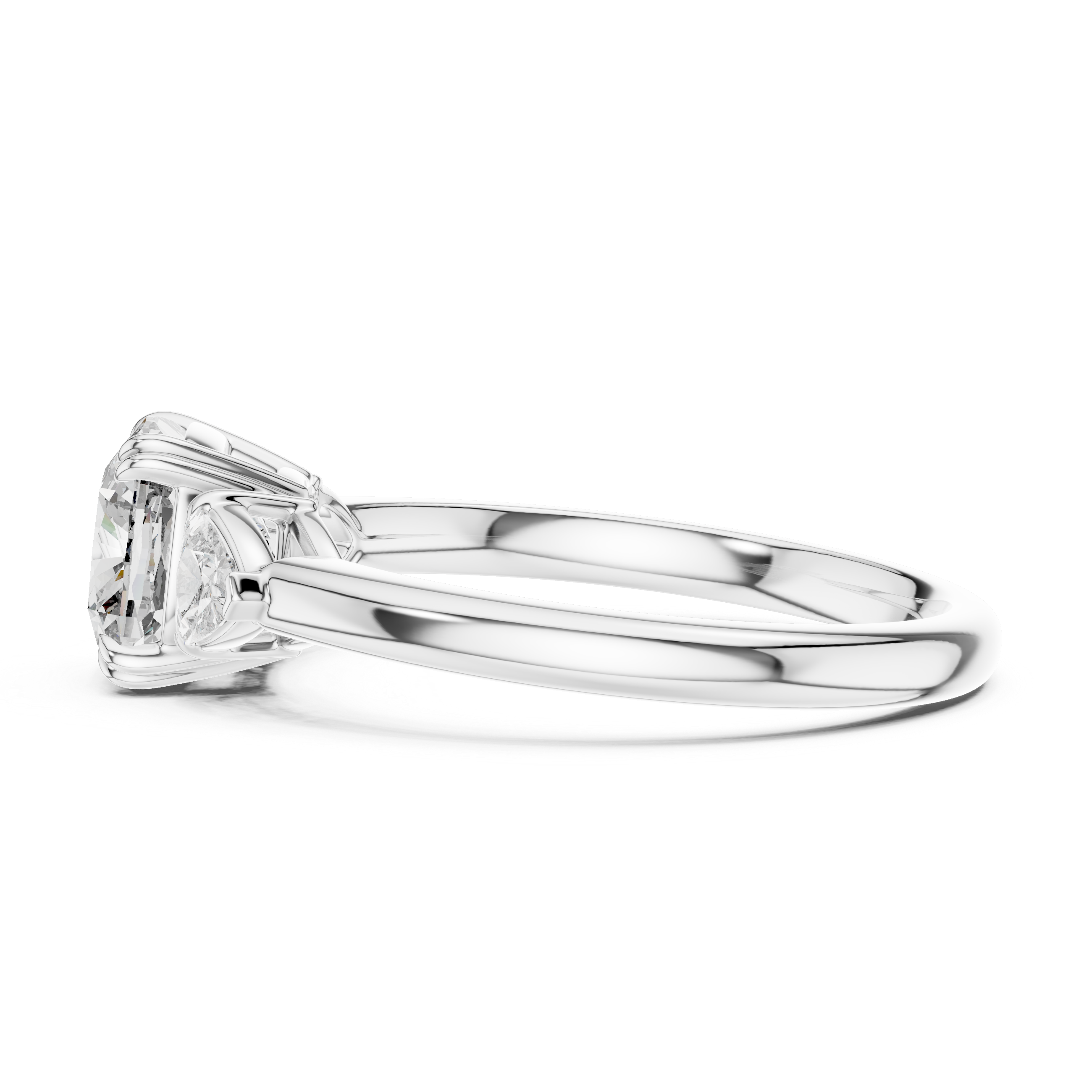 Cushion Cut Three Stone Wedding Ring With Trillion Side Diamonds