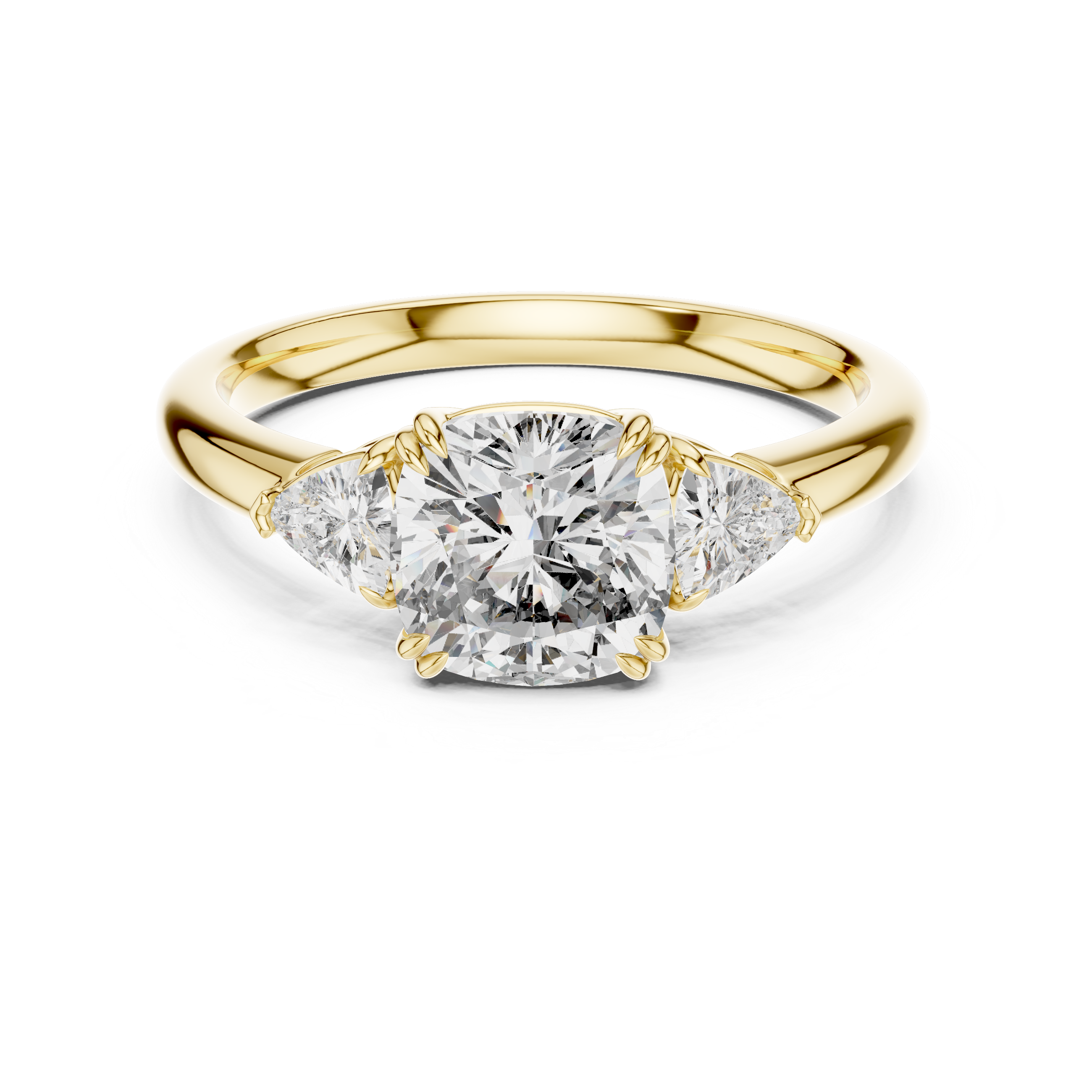 Cushion Cut Three Stone Wedding Ring With Trillion Side Diamonds