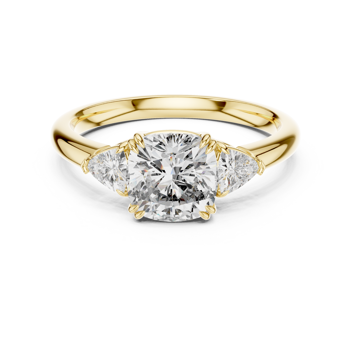 Cushion Cut Three Stone Wedding Ring With Trillion Side Diamonds