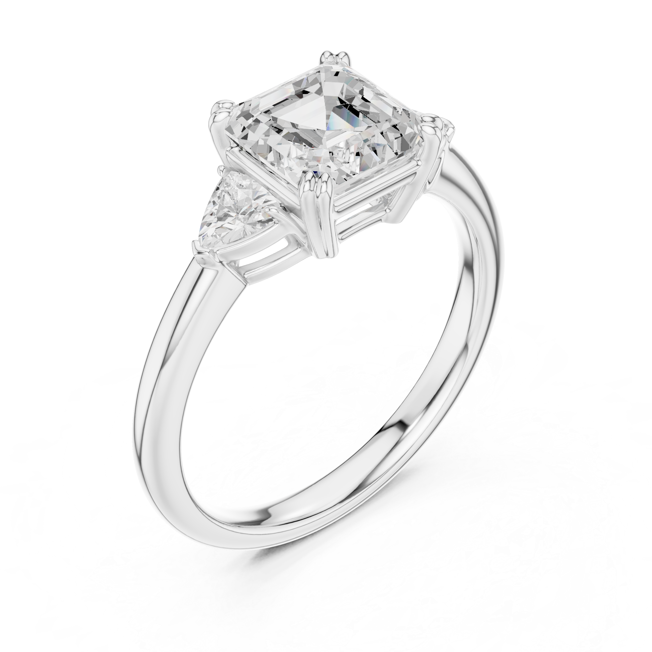 Asscher Cut Three Stone Wedding Ring With Trillion Side Diamonds