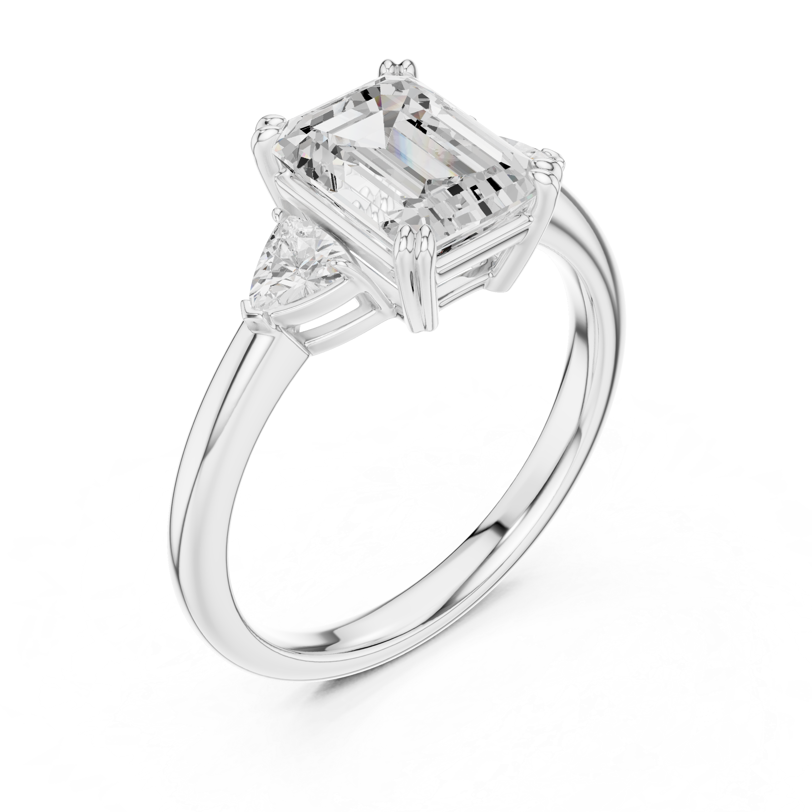 Emerald Cut Three Stone Wedding Ring With Trillion Side Diamonds
