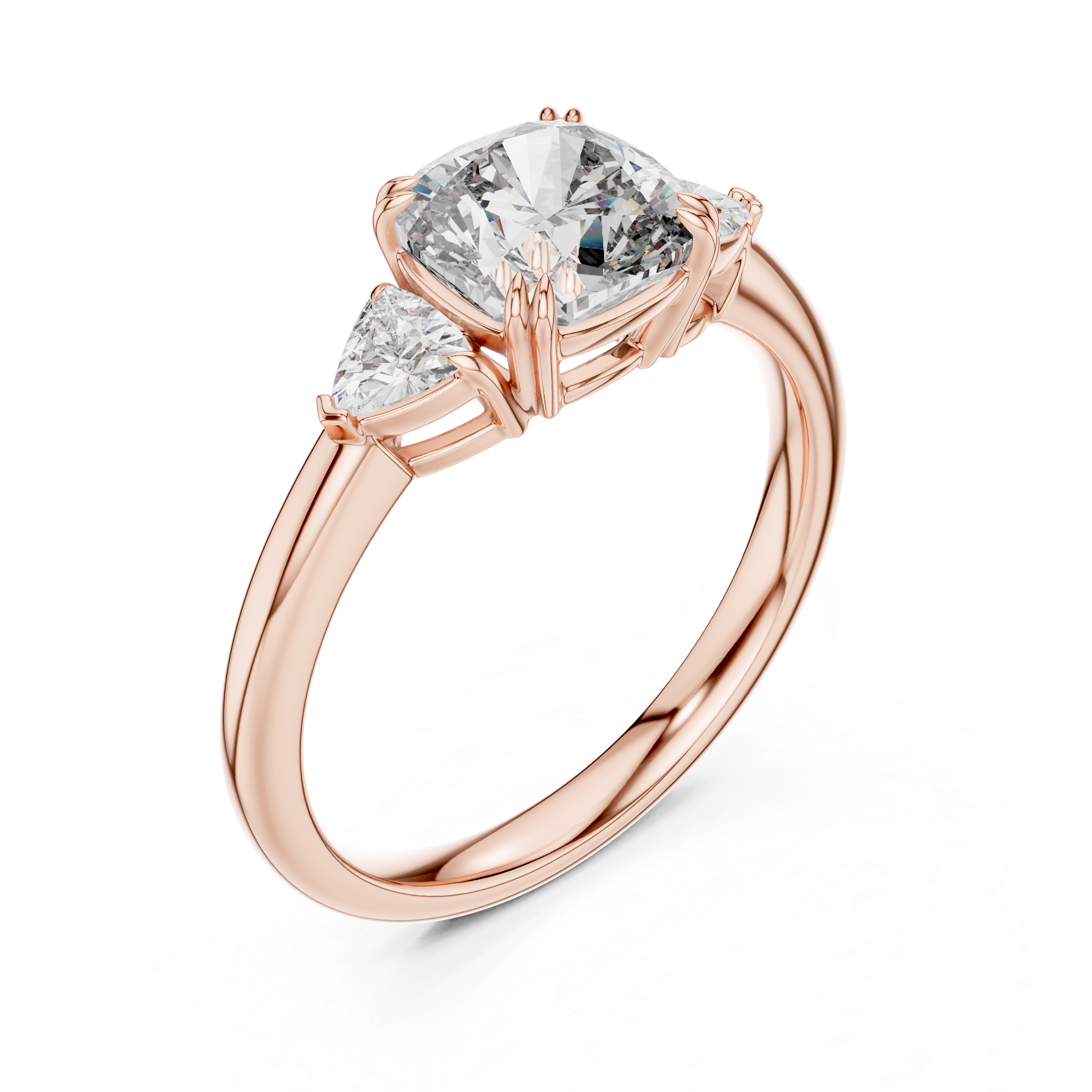 Cushion Cut Three Stone Wedding Ring With Trillion Side Diamonds