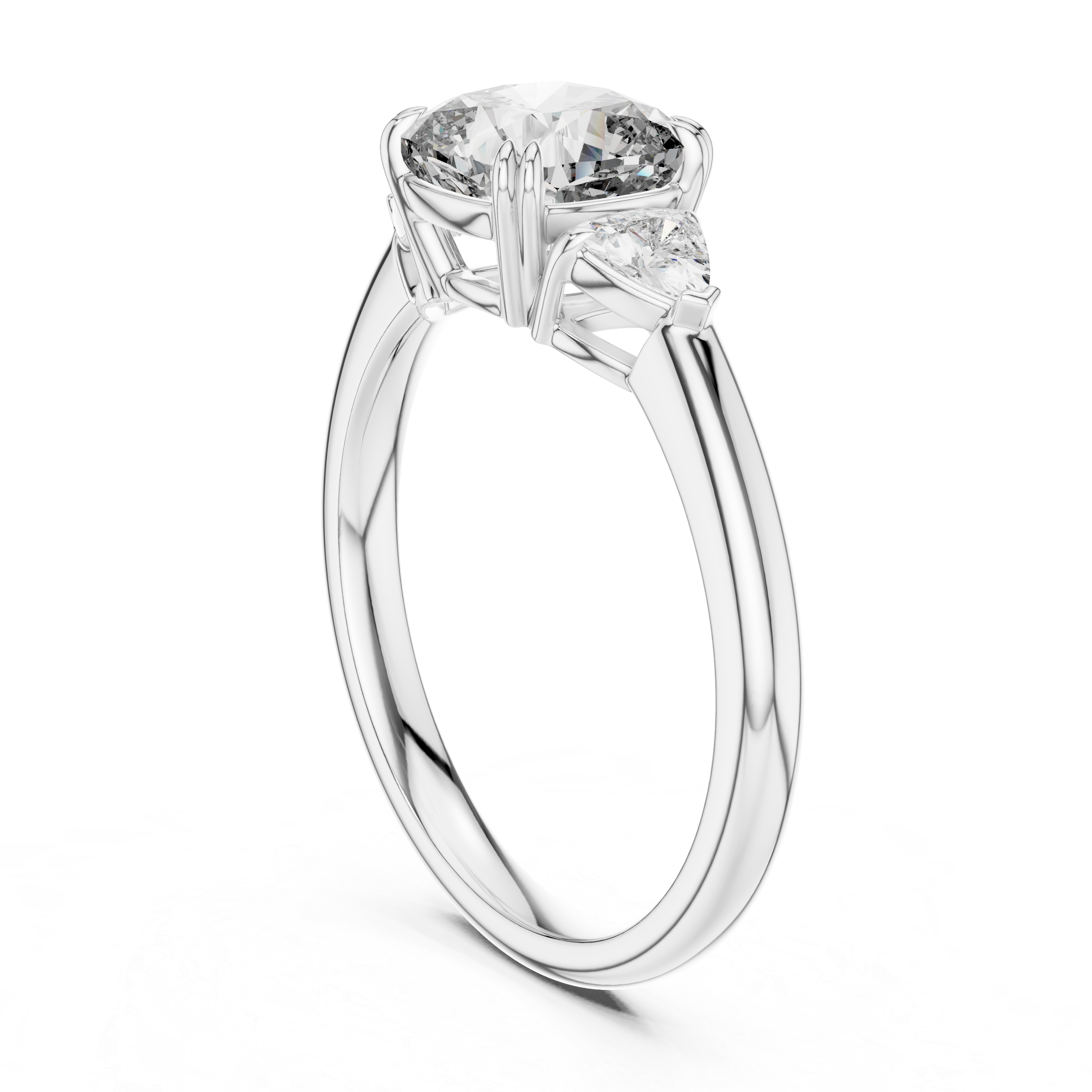 Cushion Cut Three Stone Wedding Ring With Trillion Side Diamonds