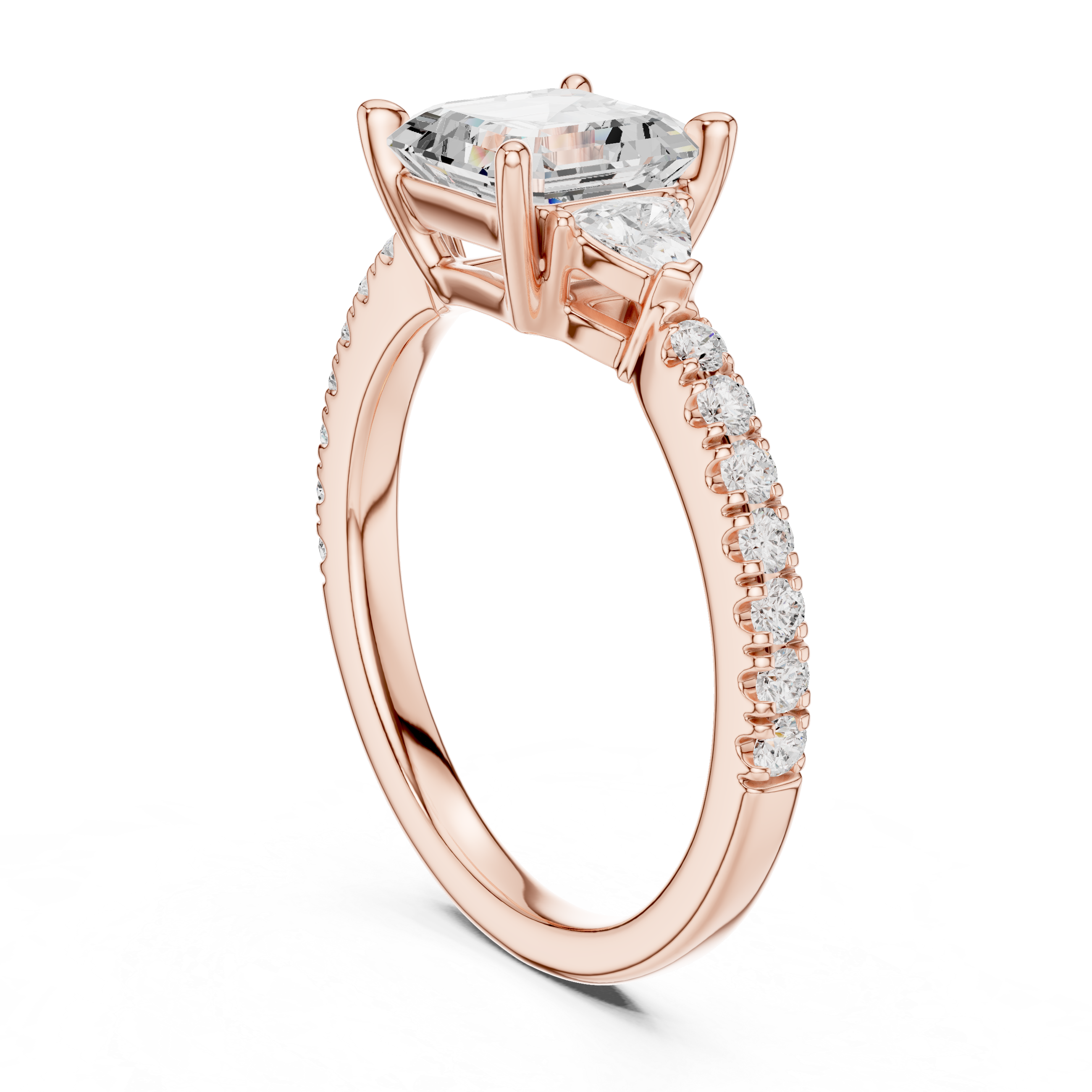 Pave Set Asscher Cut Three Stone Engagement Ring