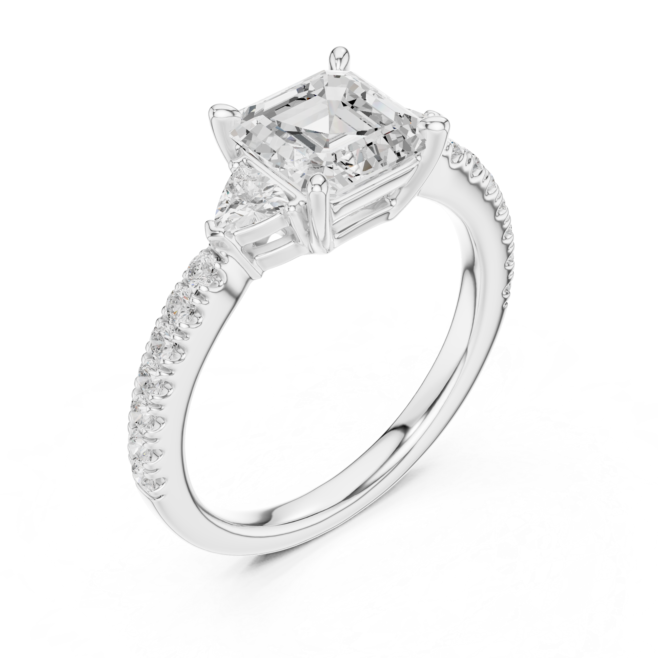 Pave Set Asscher Cut Three Stone Engagement Ring