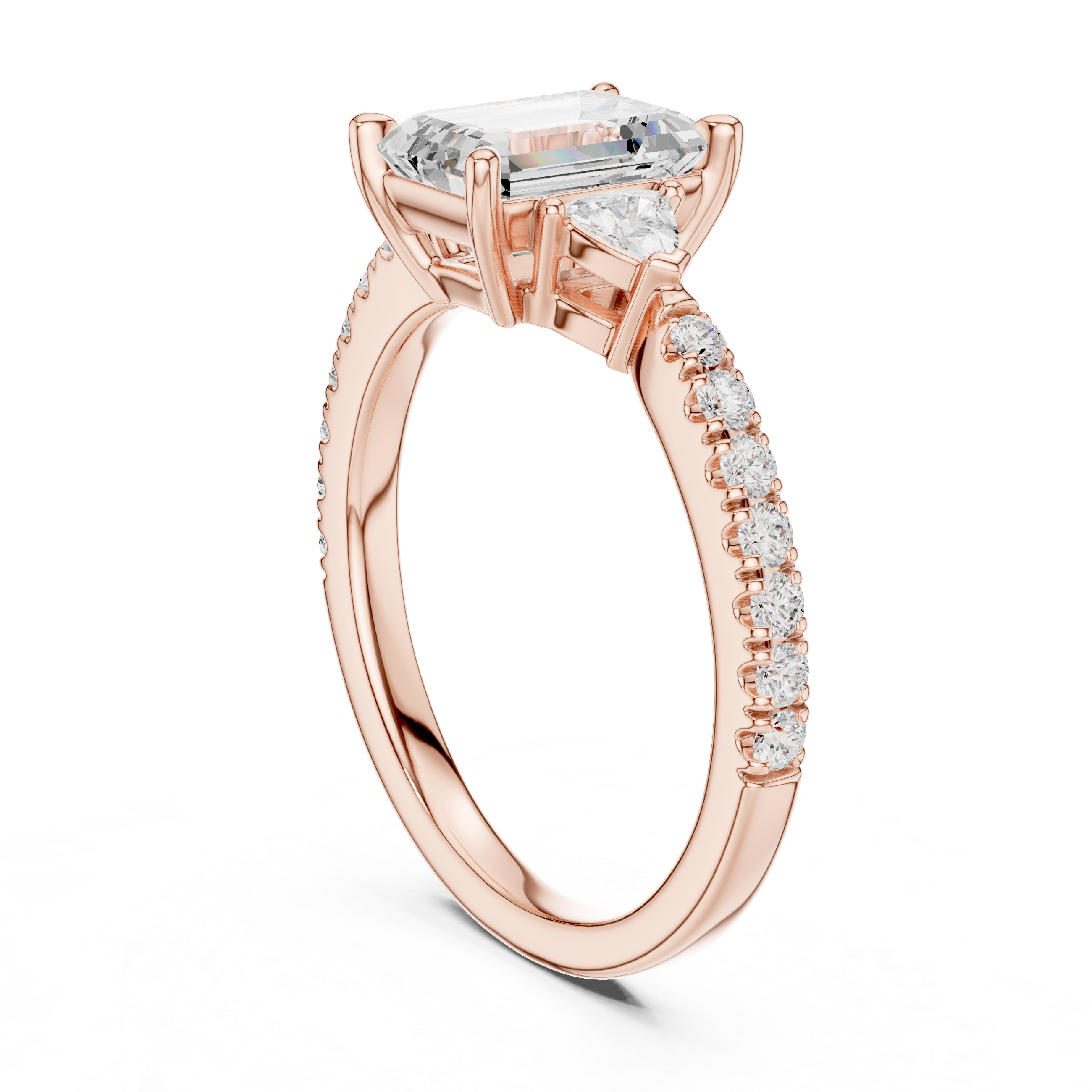 Pave Set Emerald Cut Three Stone Engagement Ring