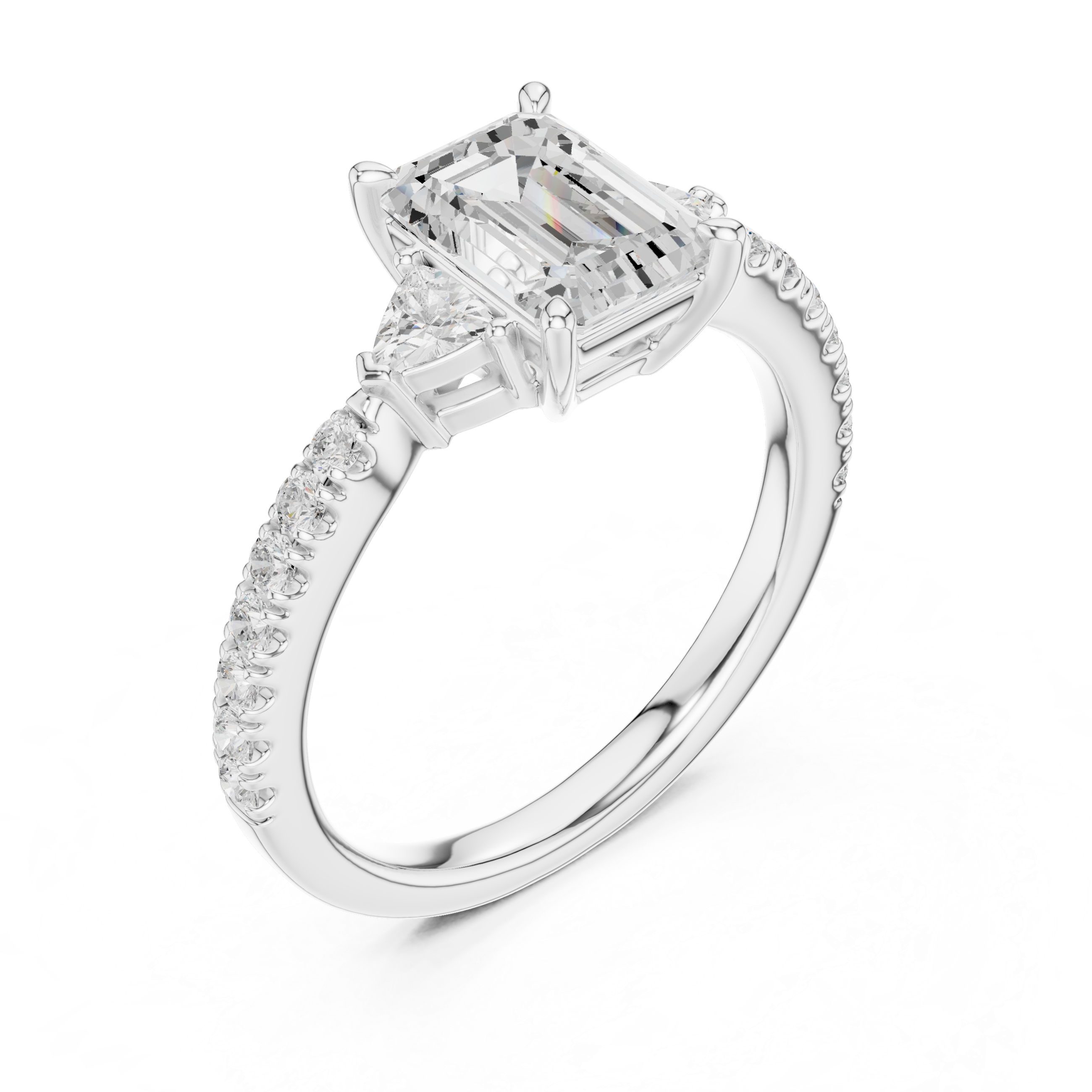 Pave Set Emerald Cut Three Stone Engagement Ring