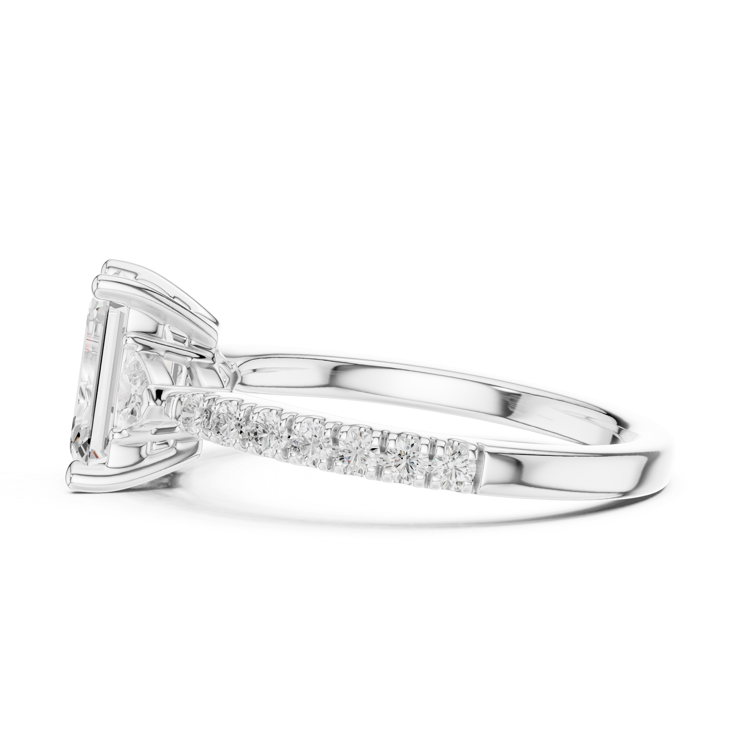 Pave Set Emerald Cut Three Stone Engagement Ring