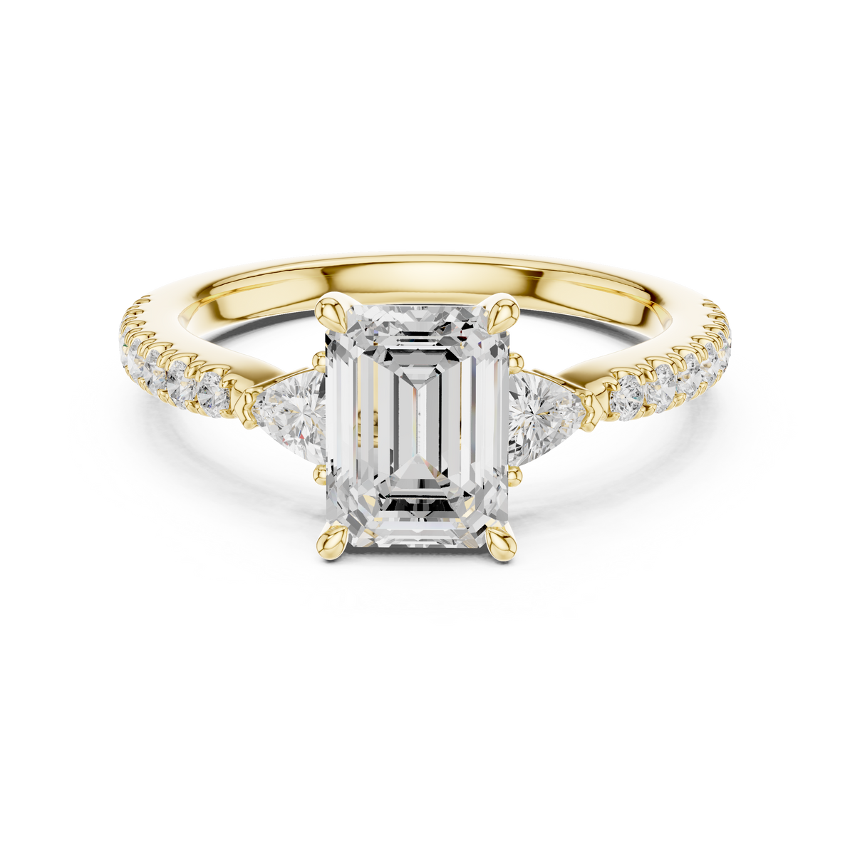 Pave Set Emerald Cut Three Stone Engagement Ring