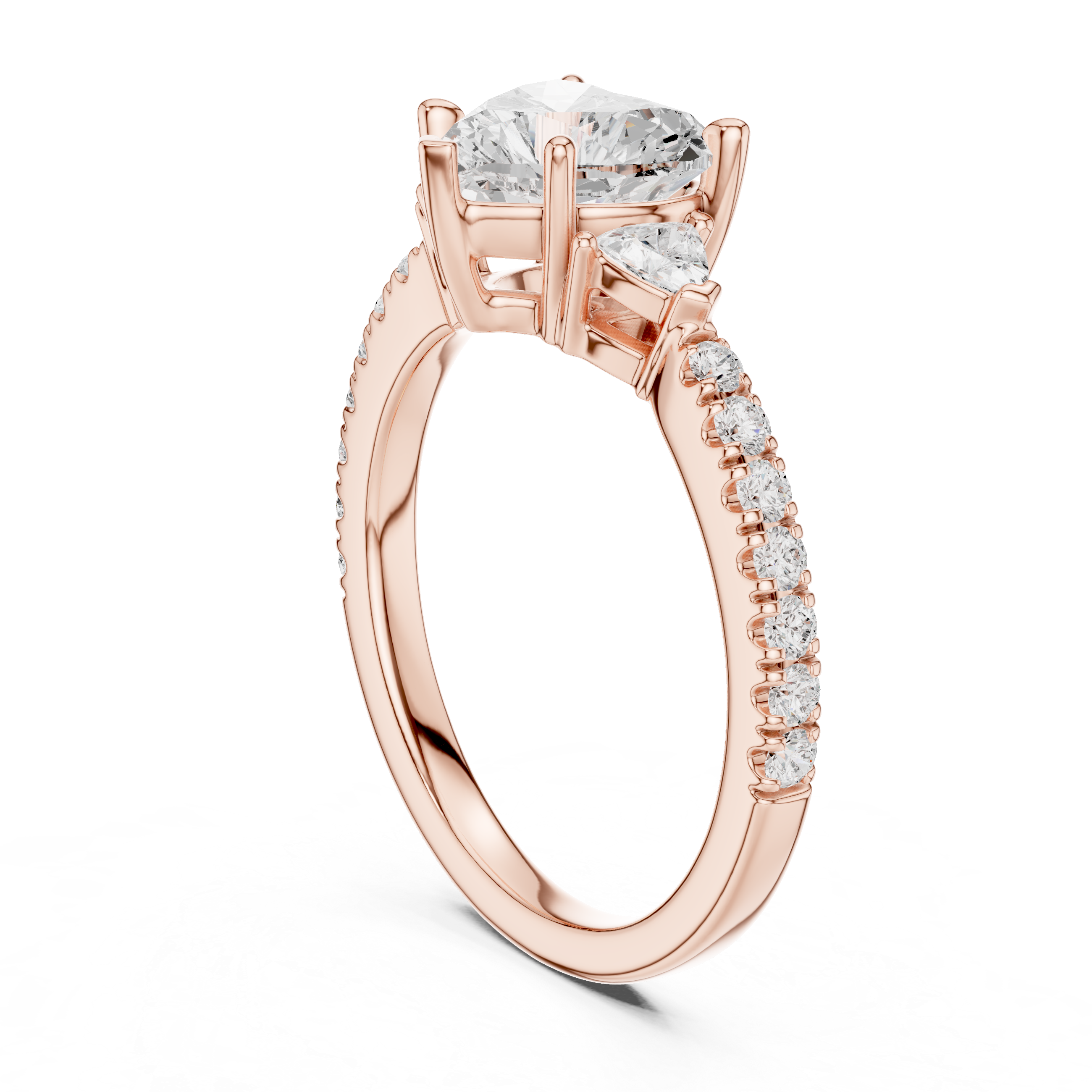 Pave Set Heart Cut Three Stone Engagement Ring
