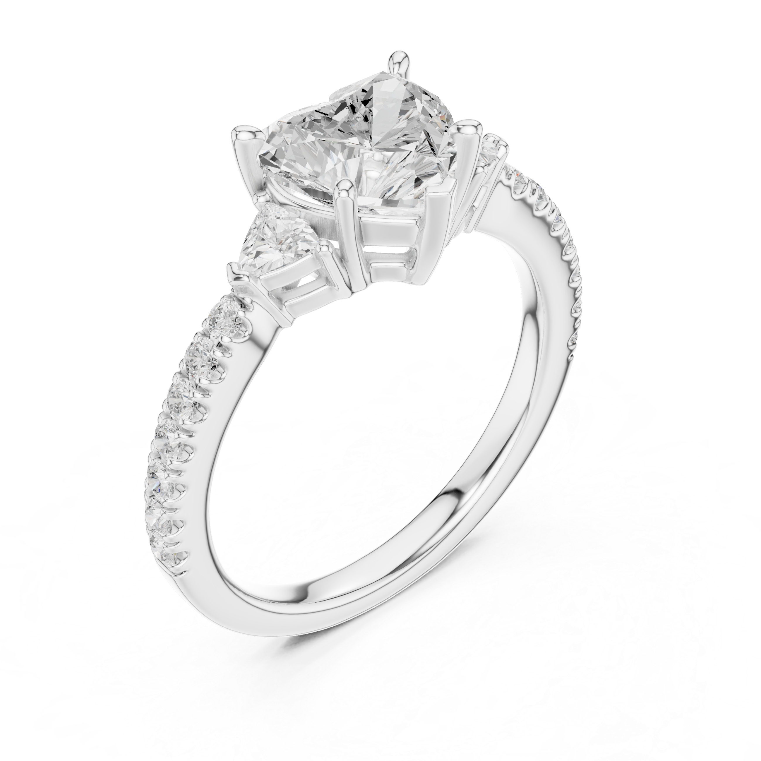 Pave Set Heart Cut Three Stone Engagement Ring