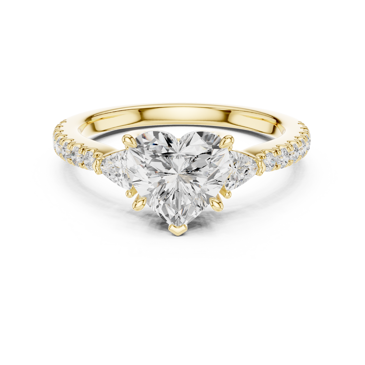 Pave Set Heart Cut Three Stone Engagement Ring