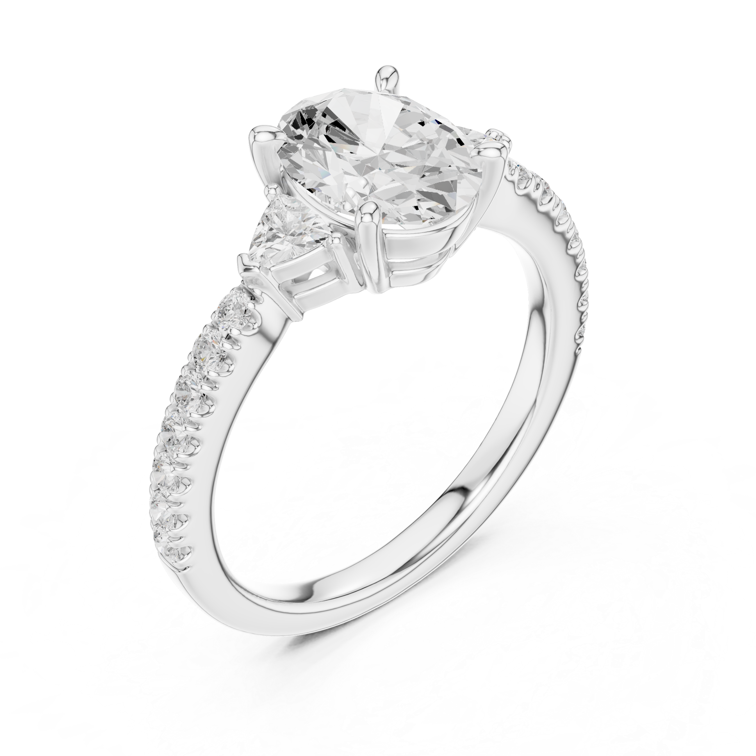 Pave Set Oval Cut Three Stone Engagement Ring