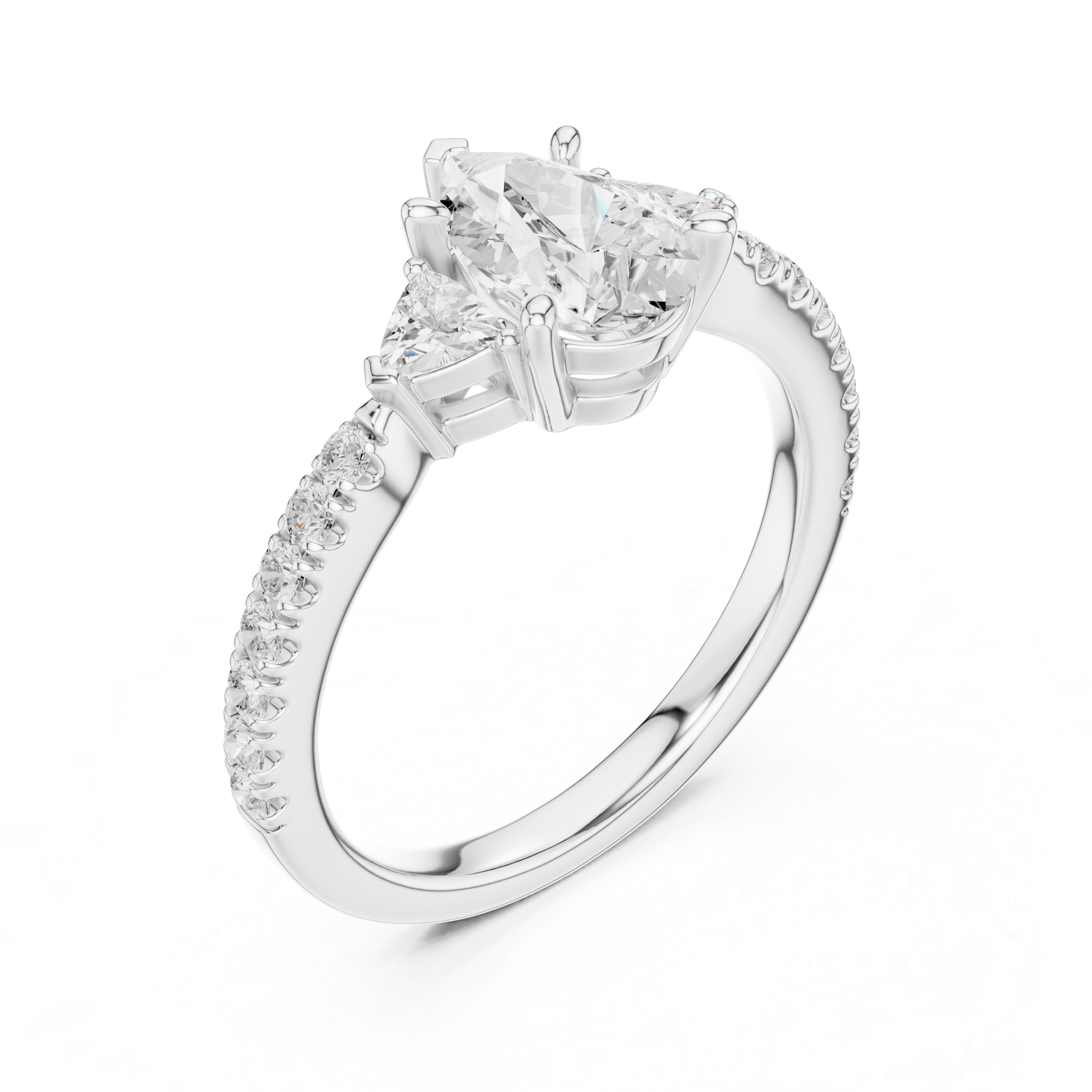Pave Set Pear Cut Three Stone Engagement Ring