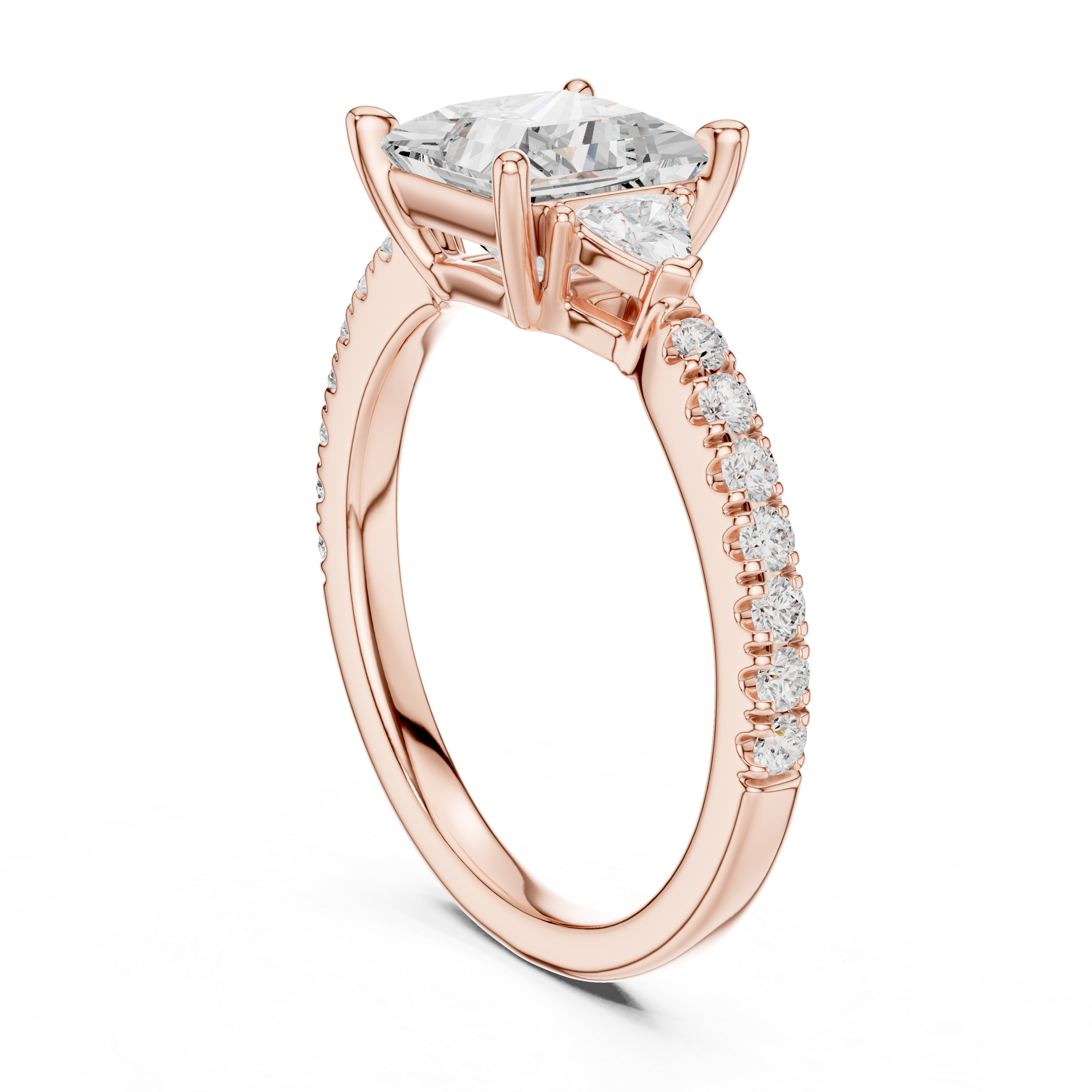 Pave Set Princess Cut Three Stone Engagement Ring