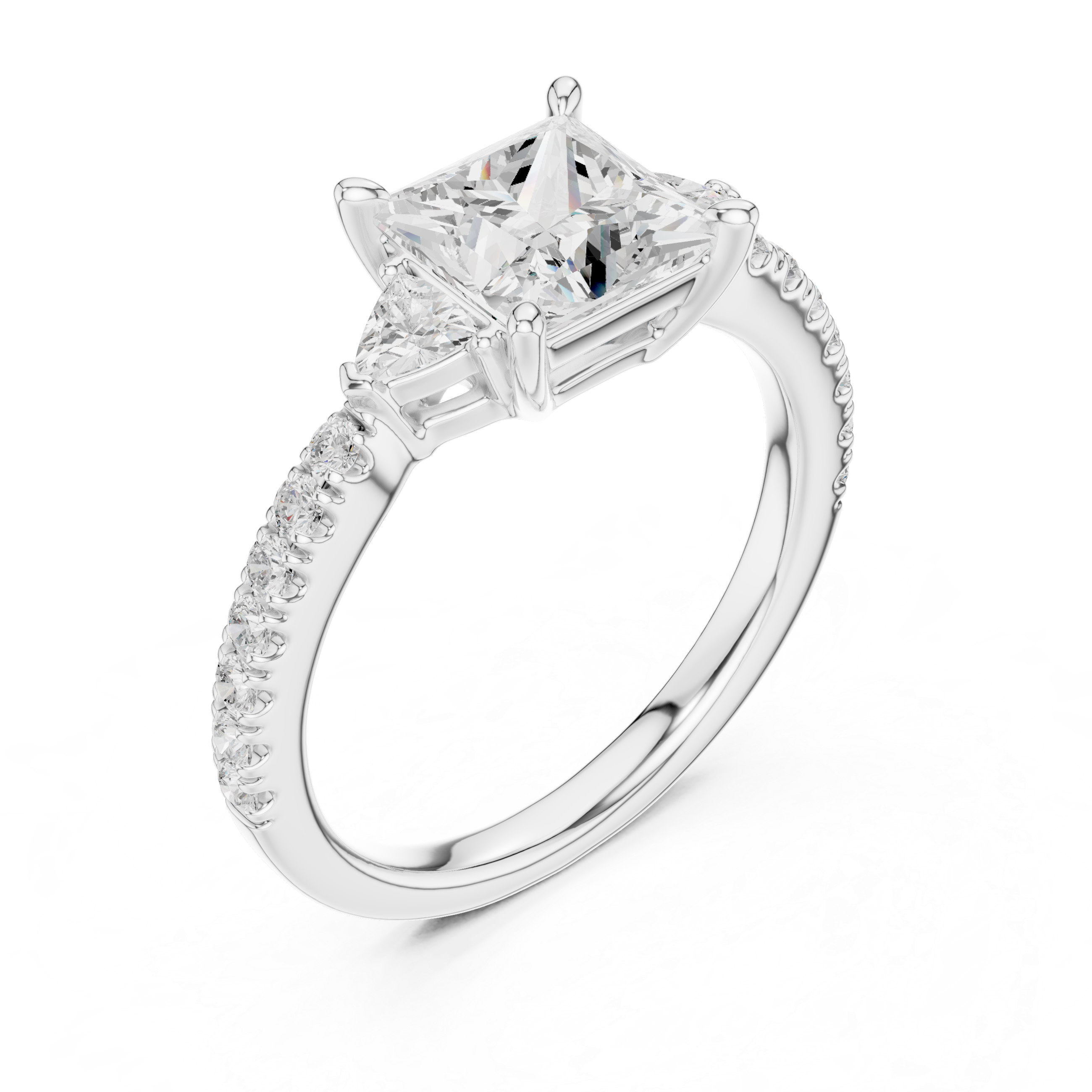 Pave Set Princess Cut Three Stone Engagement Ring