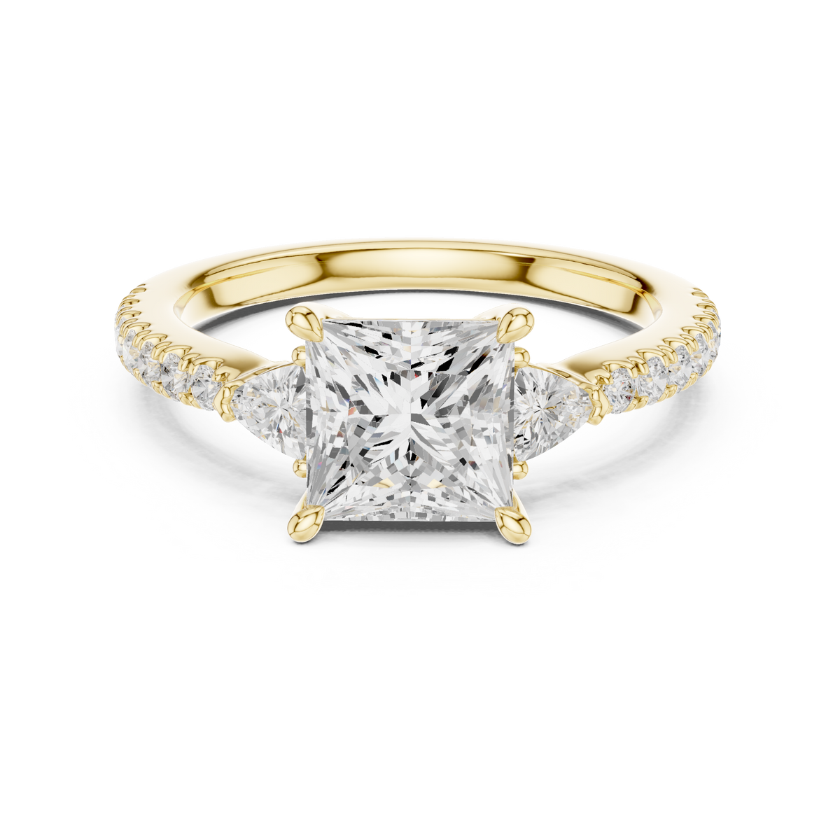 Pave Set Princess Cut Three Stone Engagement Ring