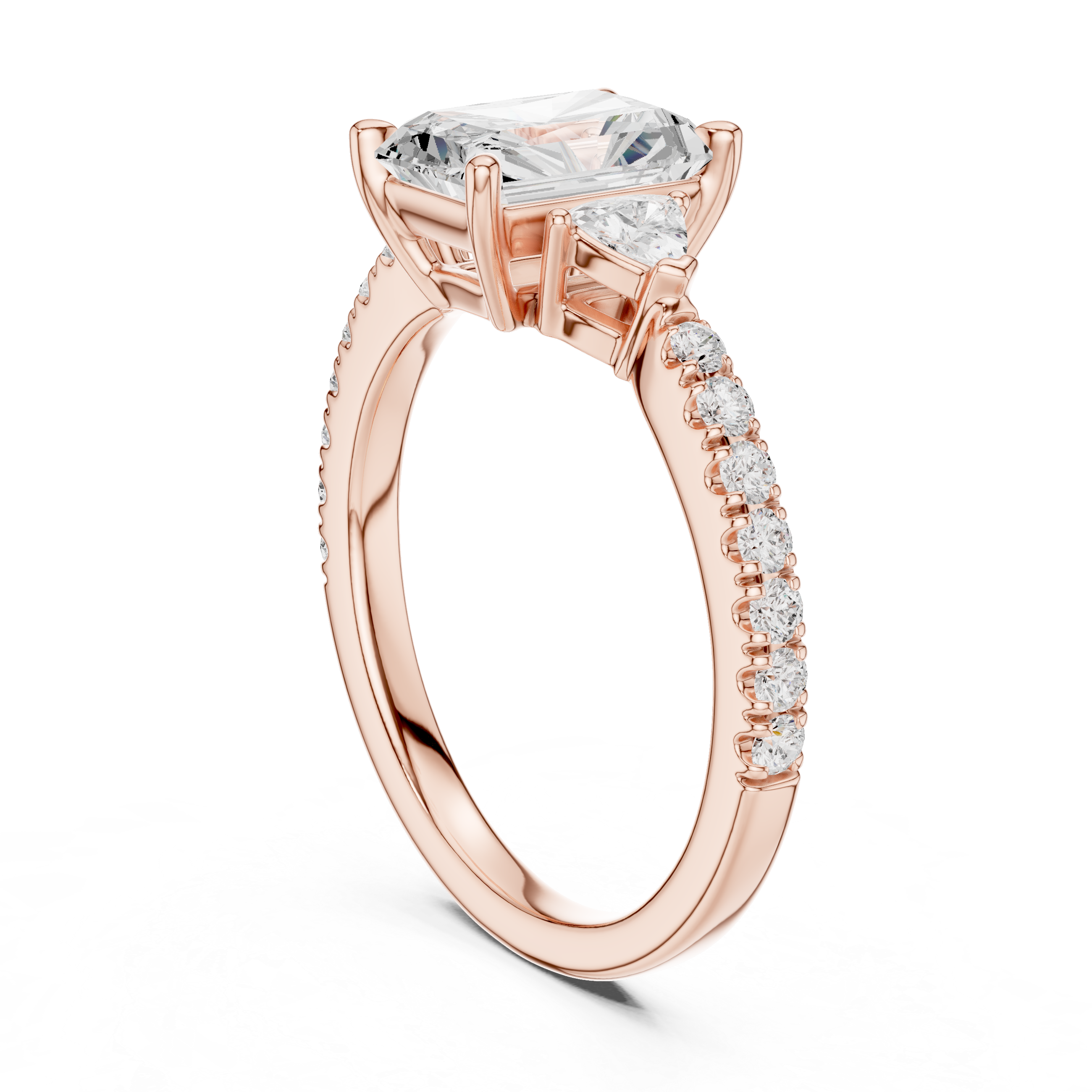 Pave Set Radiant Cut Three Stone Engagement Ring