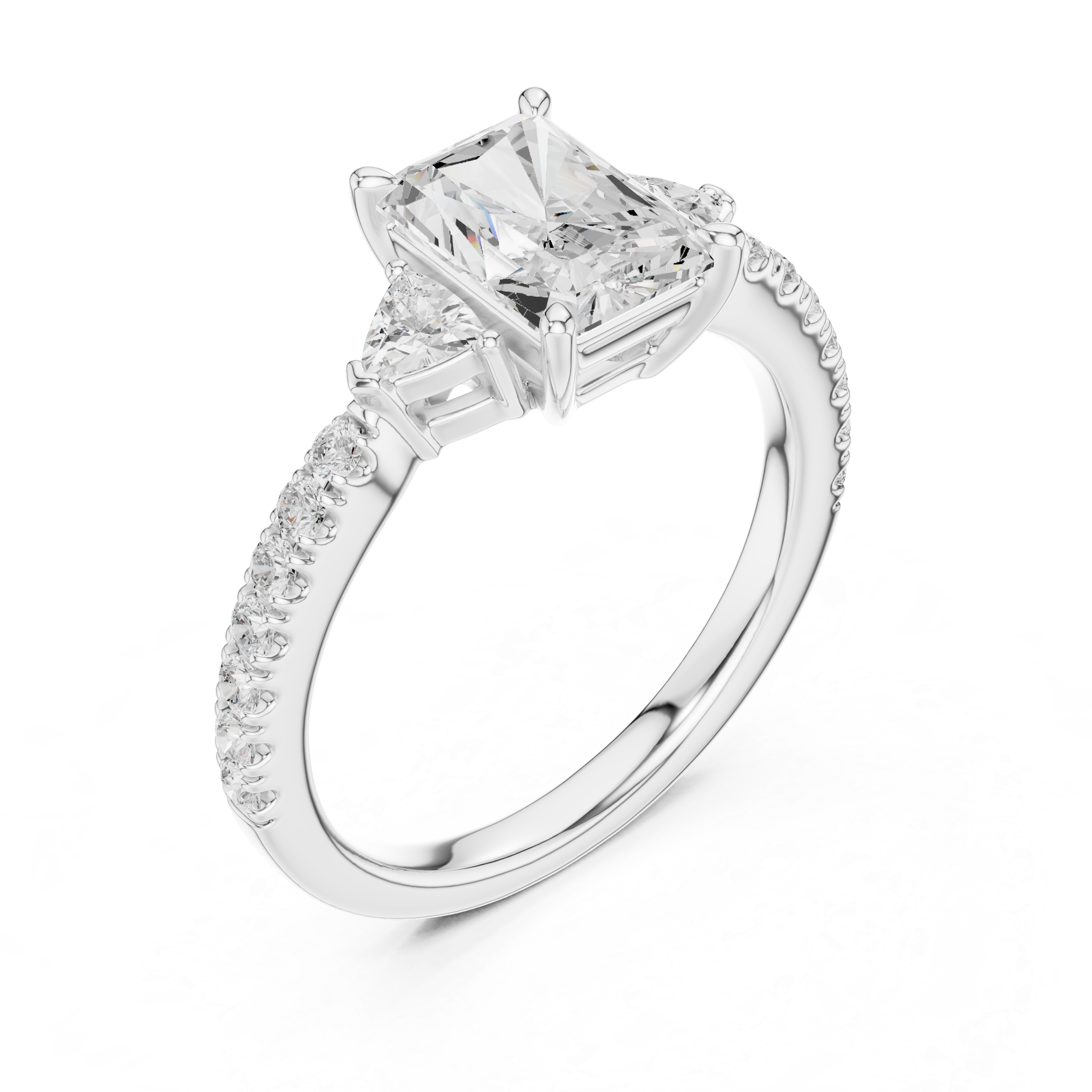 Pave Set Radiant Cut Three Stone Engagement Ring