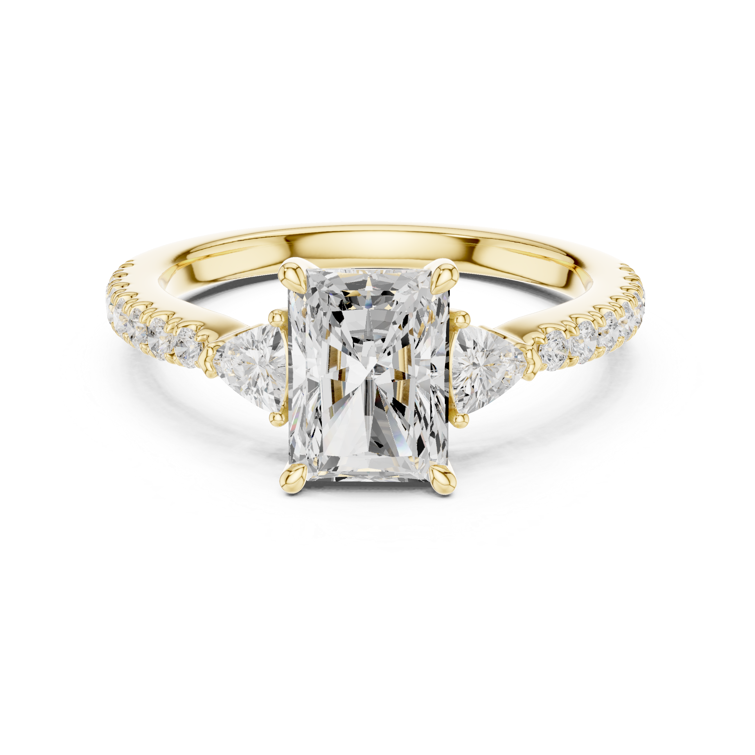 Pave Set Radiant Cut Three Stone Engagement Ring