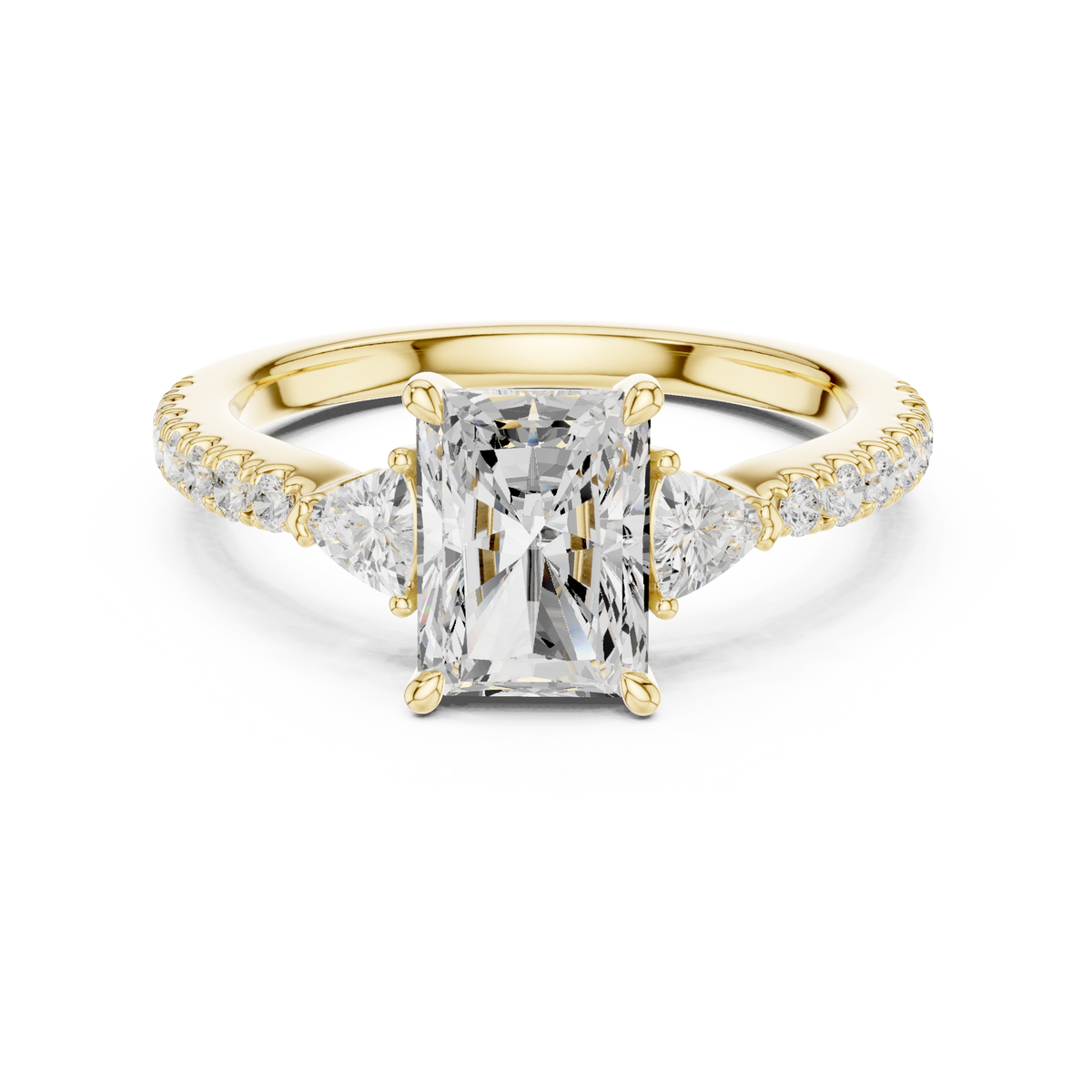 Pave Set Radiant Cut Three Stone Engagement Ring