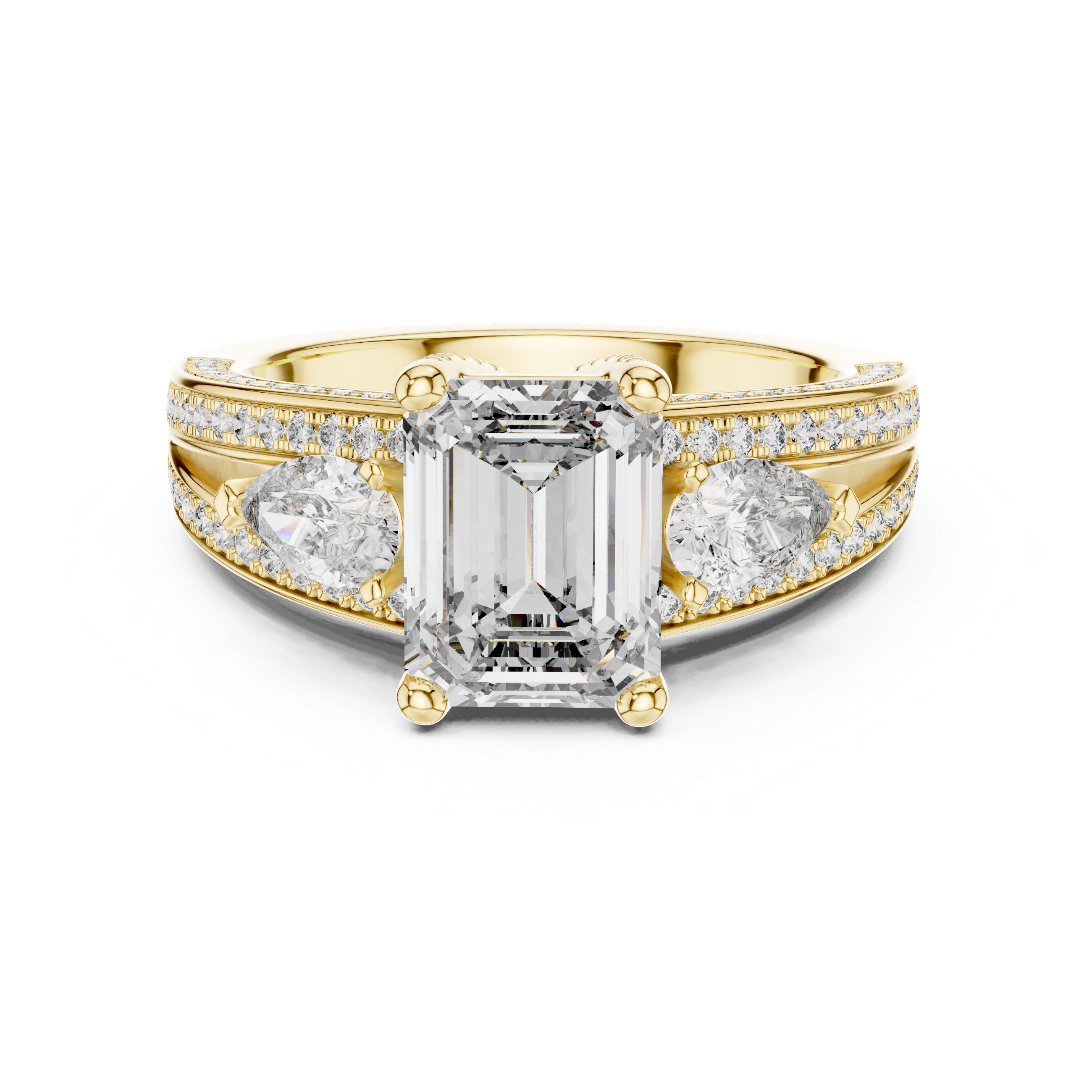 Emerald Diamond With Pear Side Stones & Double Pave Ring