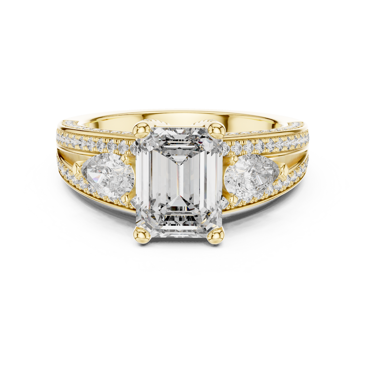Emerald Diamond With Pear Side Stones & Double Pave Ring