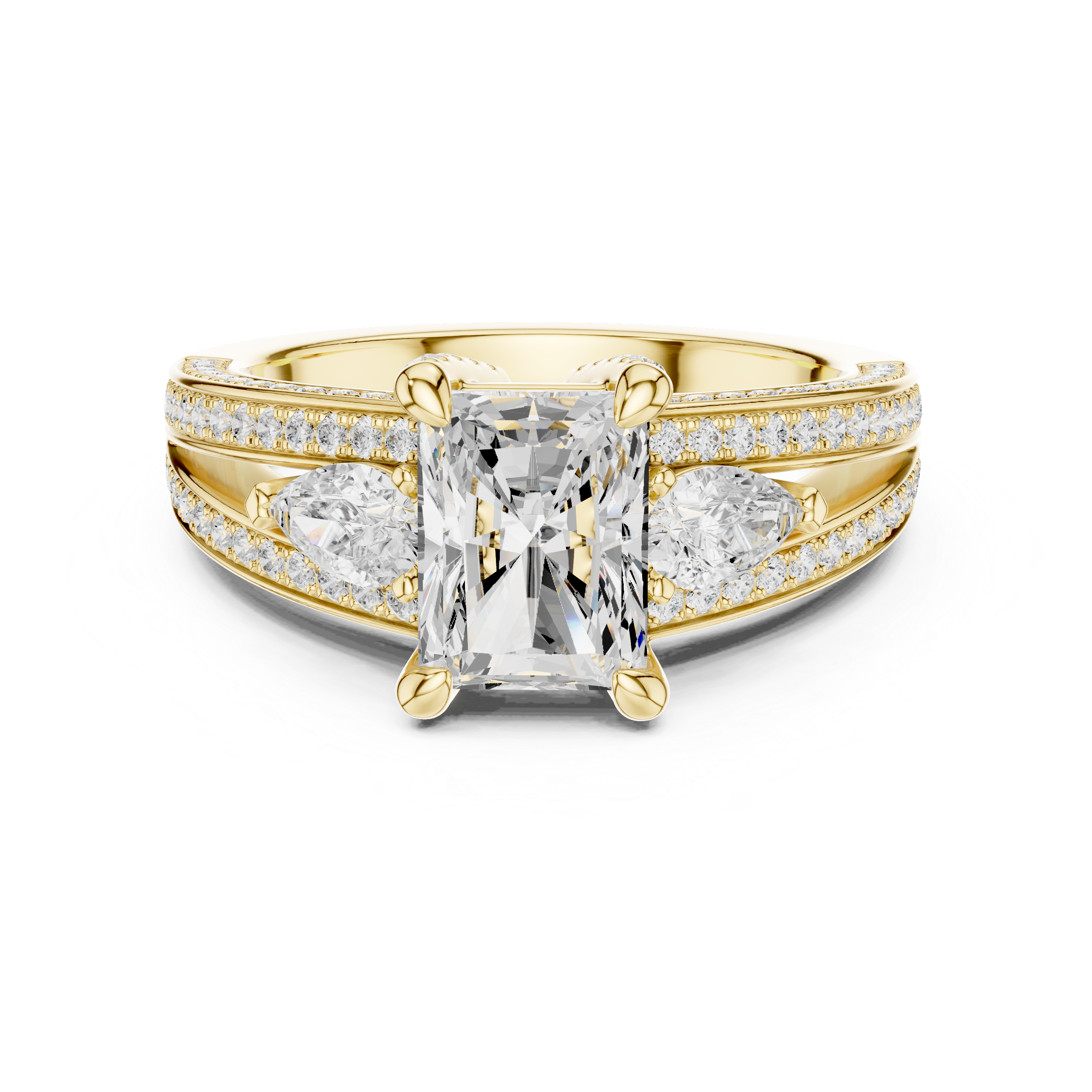 Radiant Diamond With Pear Side Stones & Double Pave Ring