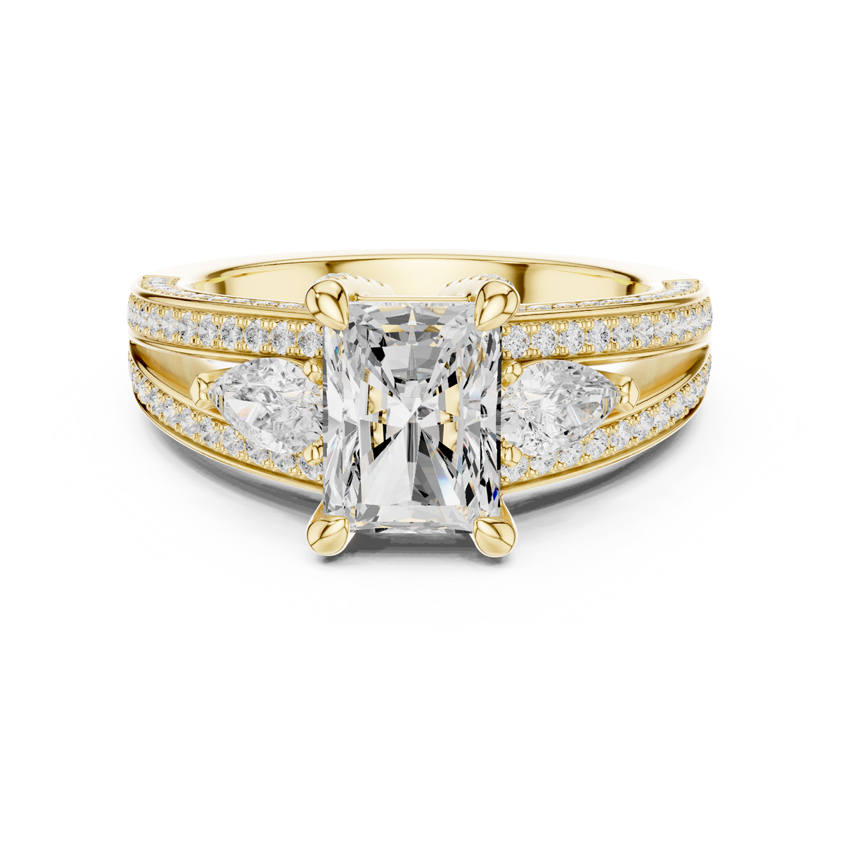 Radiant Diamond With Pear Side Stones & Double Pave Ring