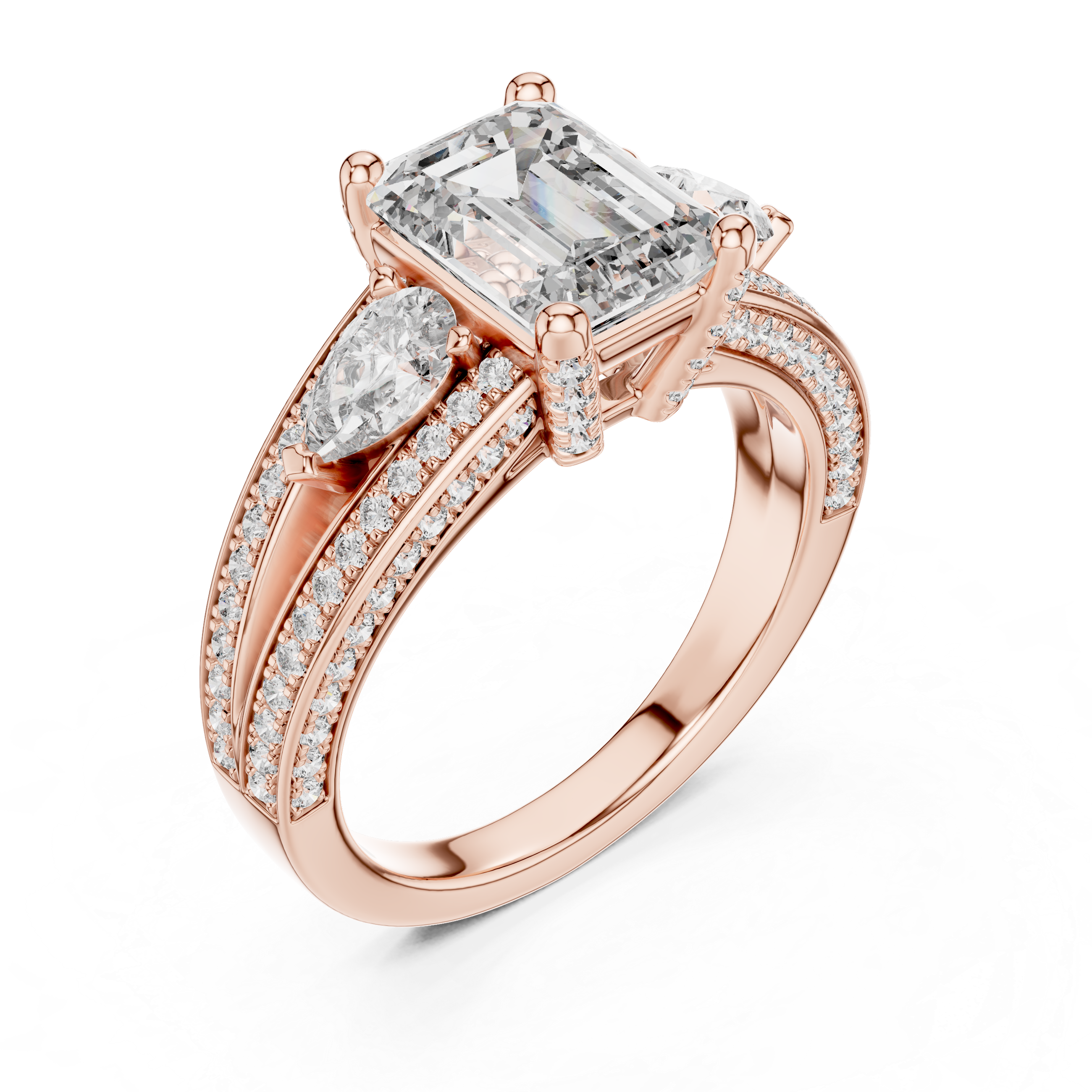 Emerald Diamond With Pear Side Stones & Double Pave Ring