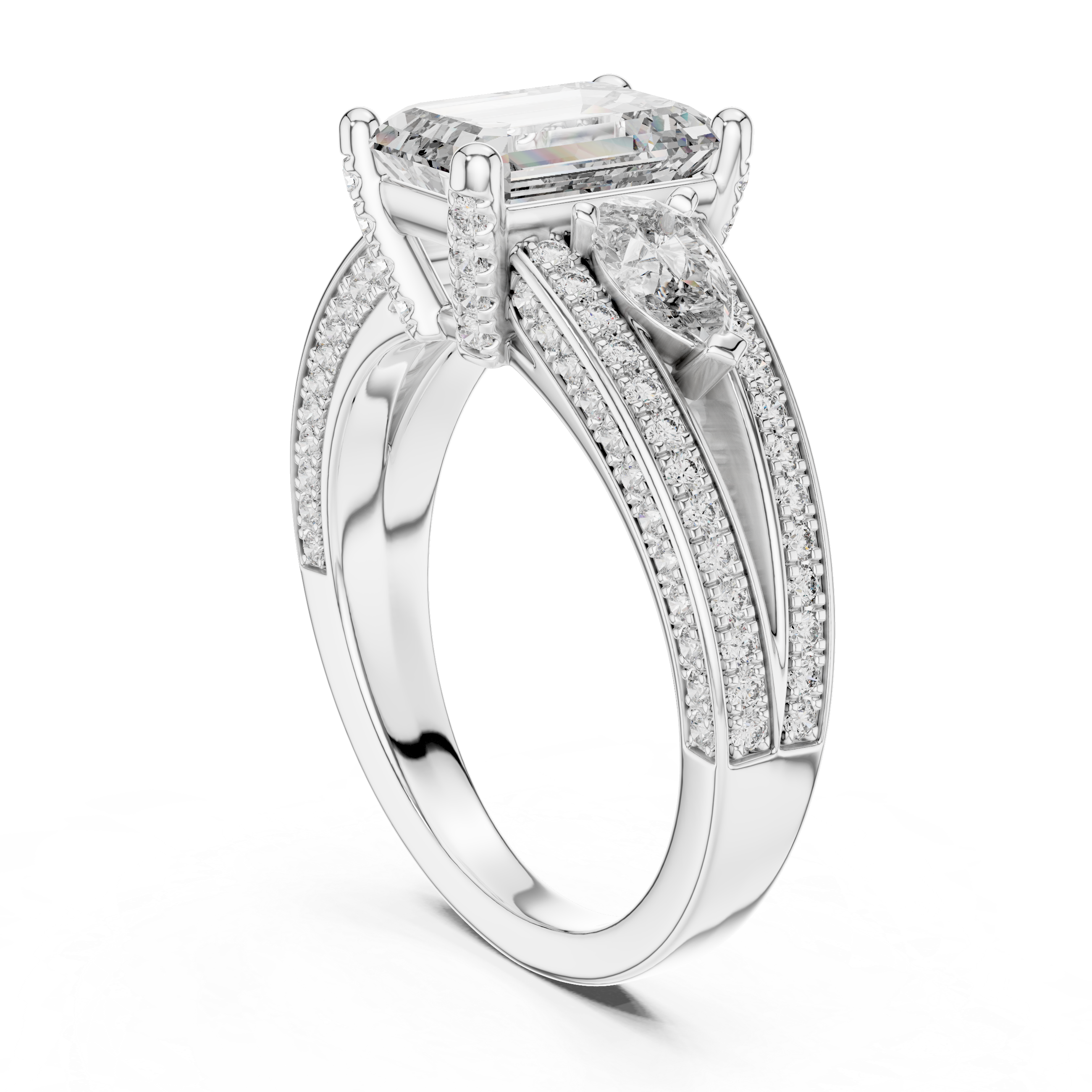 Emerald Diamond With Pear Side Stones & Double Pave Ring
