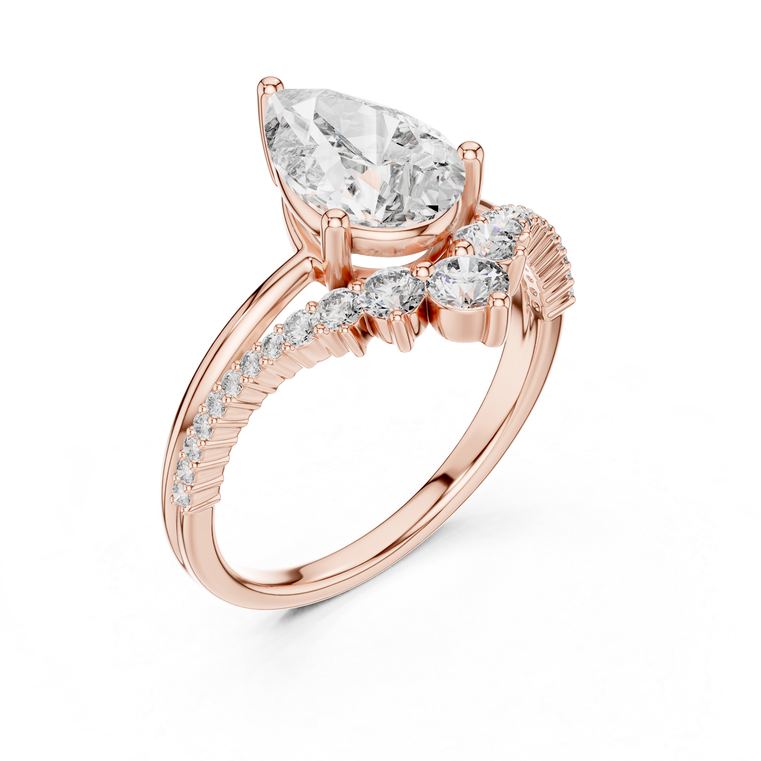 Curved Diamond Band Pear Cut Three Prong Set Ring