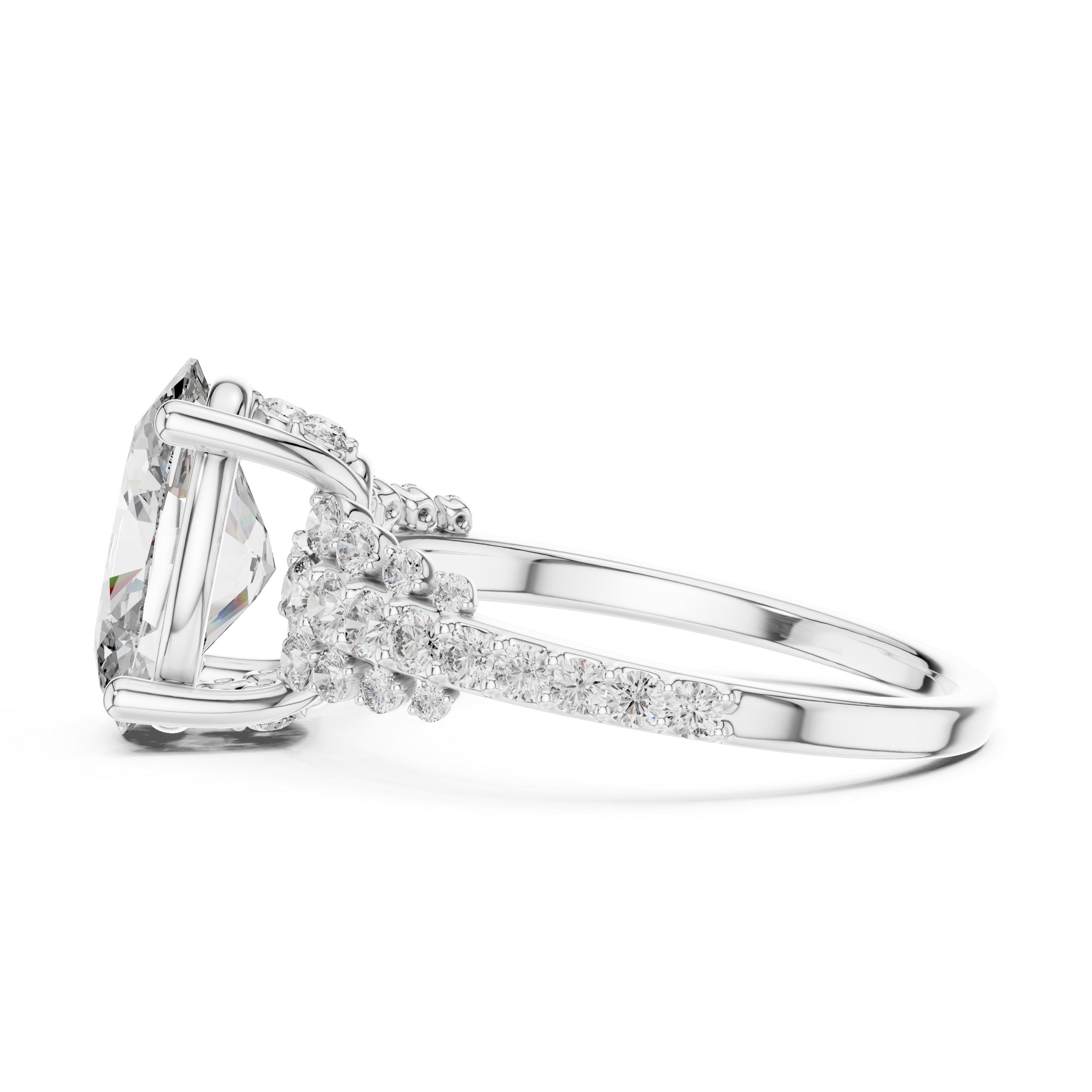 Oval Lab Diamond Ring with Double Pavé Shank & Scalloped Halo