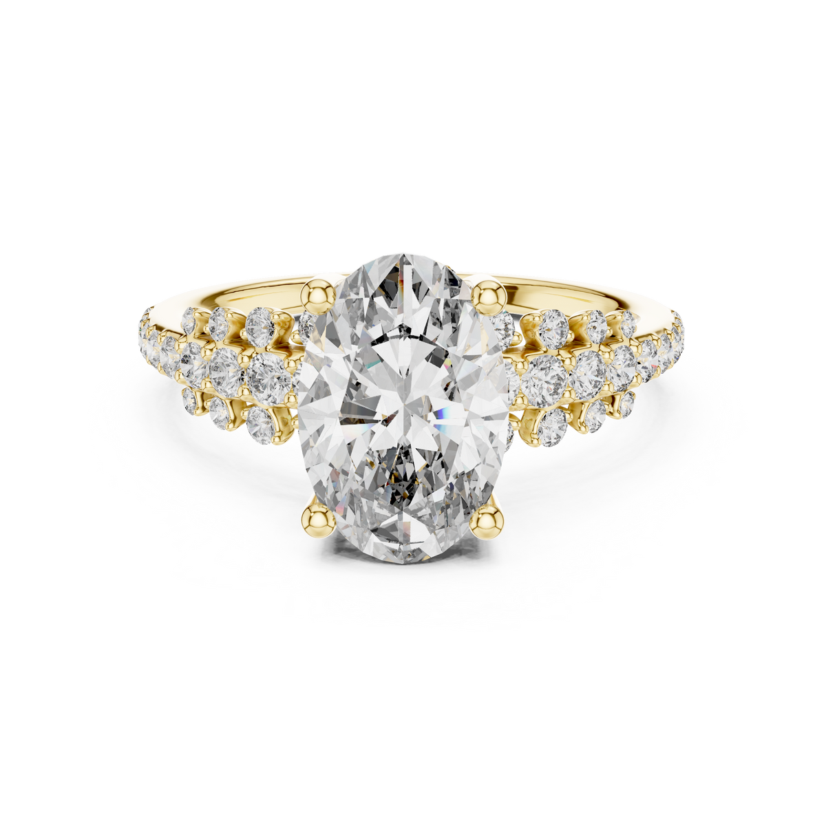 Oval Lab Diamond Ring with Double Pavé Shank & Scalloped Halo