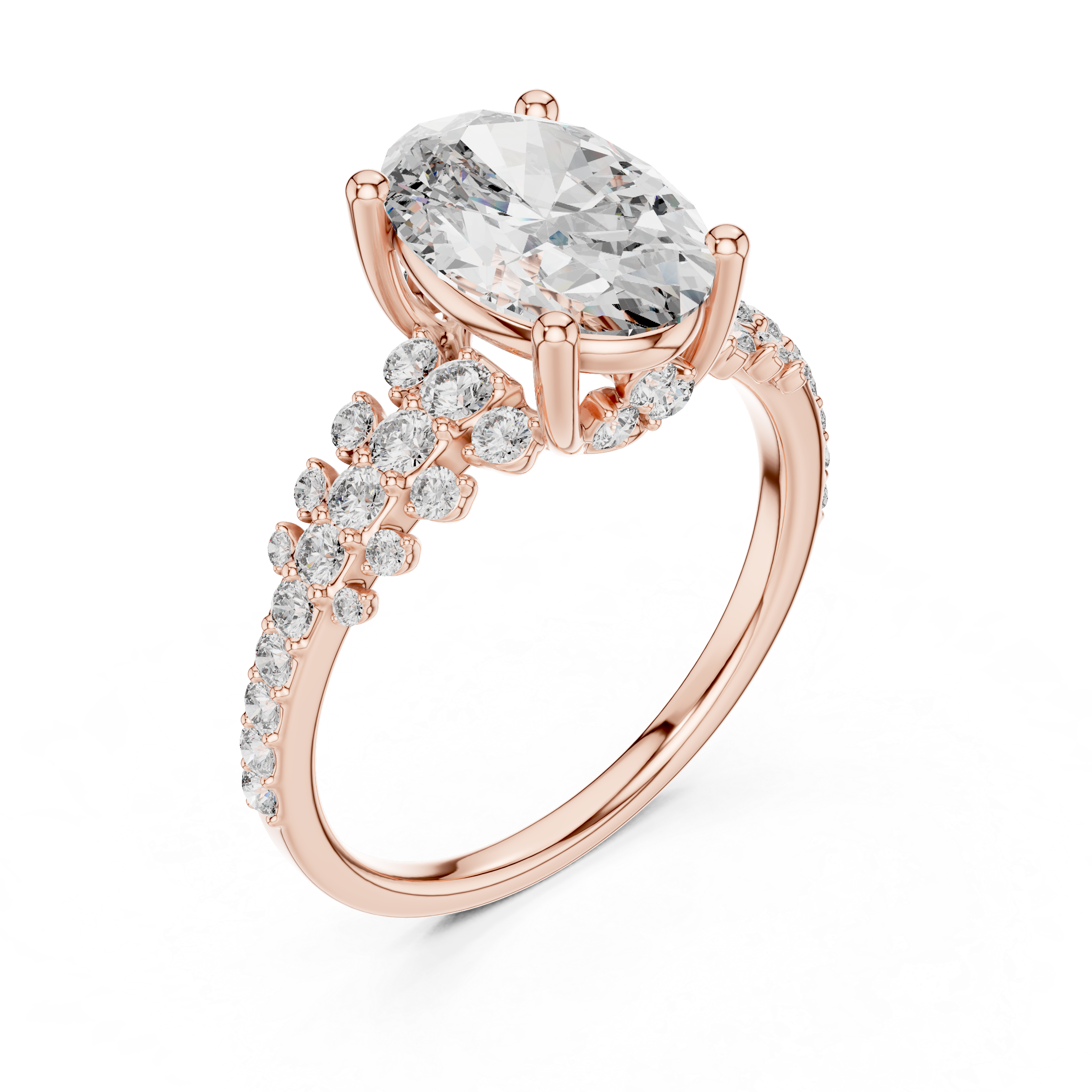 Oval Lab Diamond Ring with Double Pavé Shank & Scalloped Halo