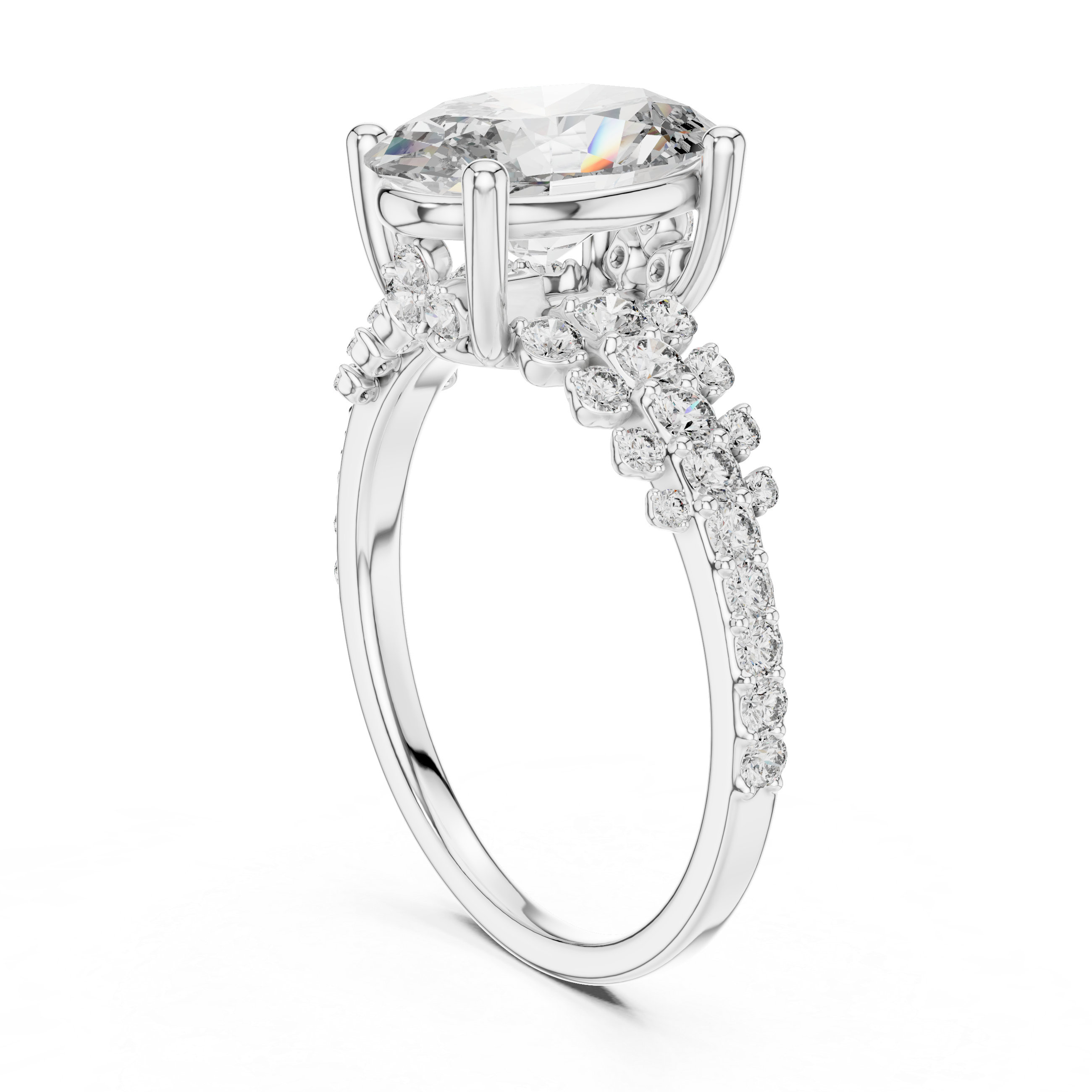 Oval Lab Diamond Ring with Double Pavé Shank & Scalloped Halo