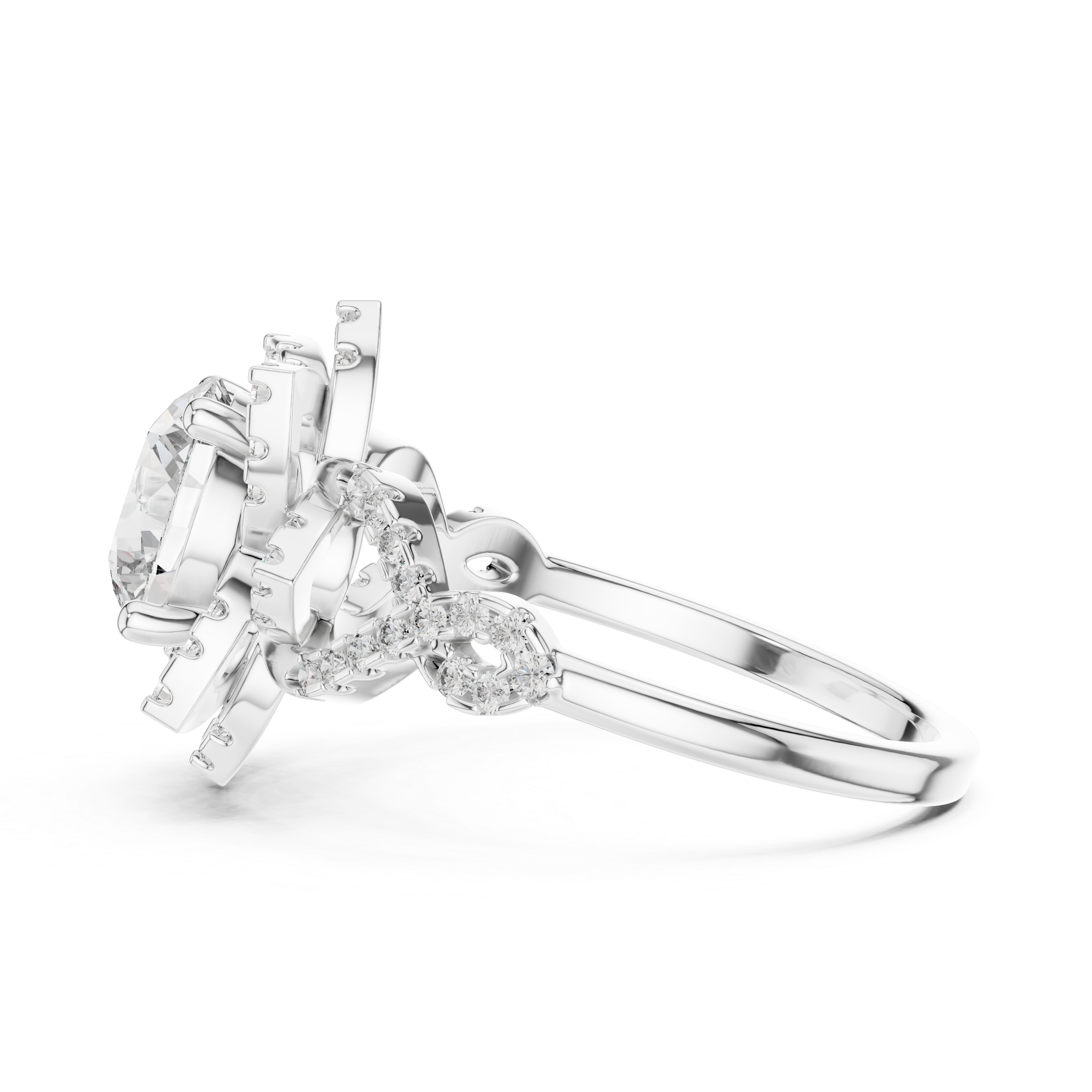 Round Cut Diamond Flower Halo With Infinity Twist Pavé Ring