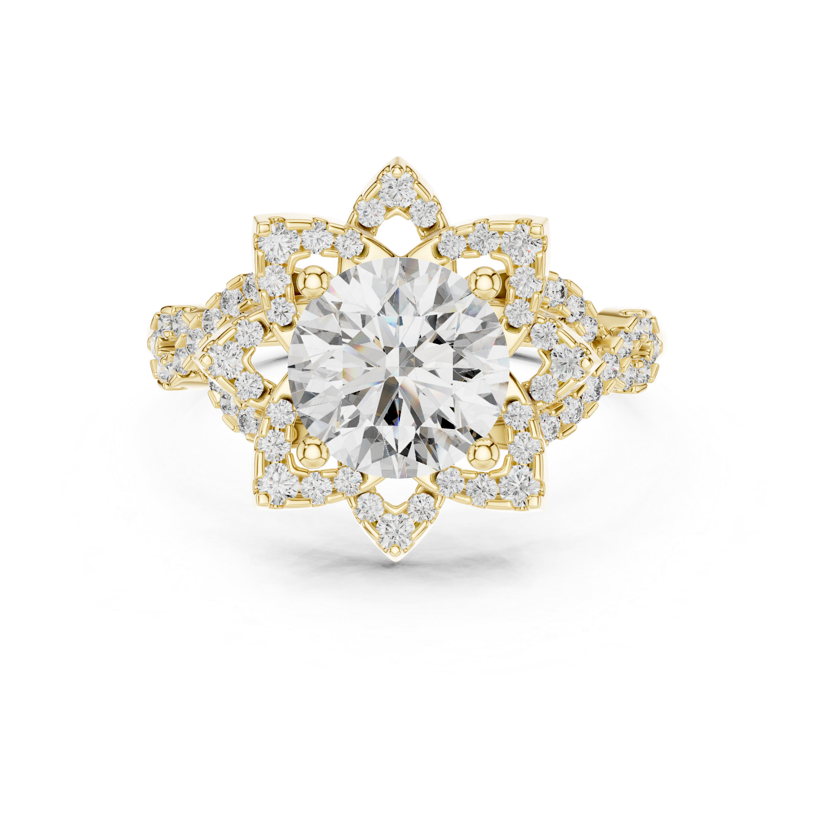 Round Cut Diamond Flower Halo With Infinity Twist Pavé Ring