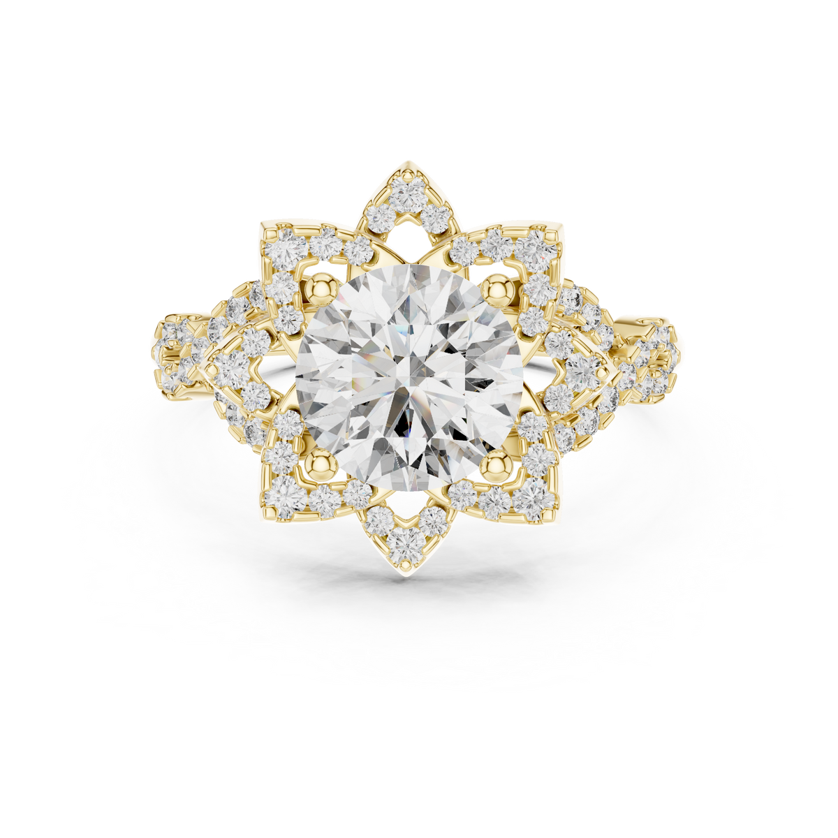 Round Cut Diamond Flower Halo With Infinity Twist Pavé Ring